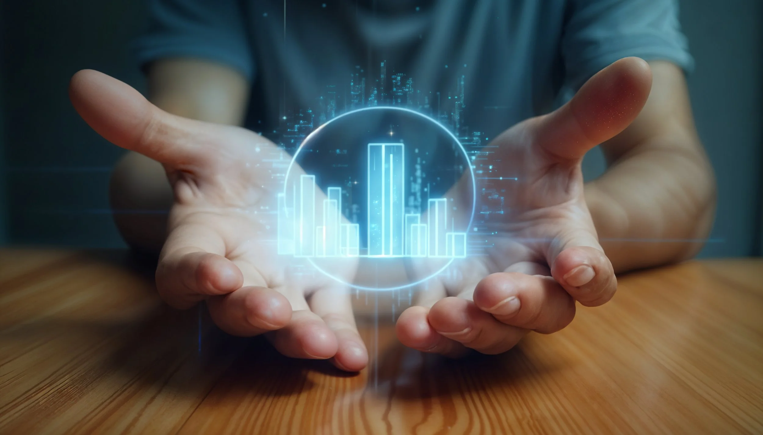 Mains ouvertes tenant une représentation digitale de graphiques en barres et villes en hologramme.