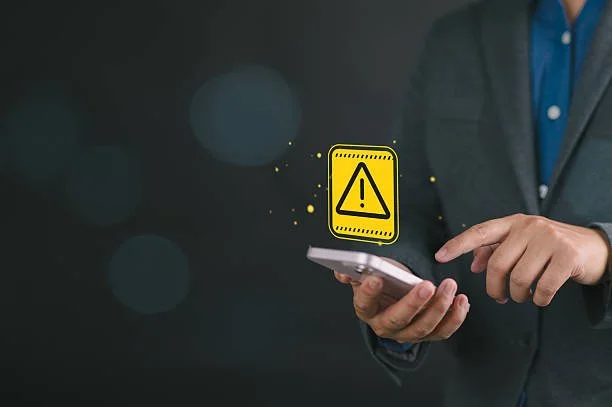 Une personne en costume utilisant un smartphone, avec une icône d'avertissement jaune flottante devant elle.