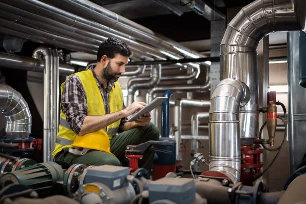 Un homme portant une veste jaune examine un document dans une salle technique ou industrielle avec des tuyaux en métal.