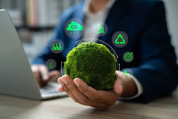 Une personne en costume tient un globe de mousse avec des icônes environnementales et de durabilité autour, symbolisant la gestion écologique et la durabilité.