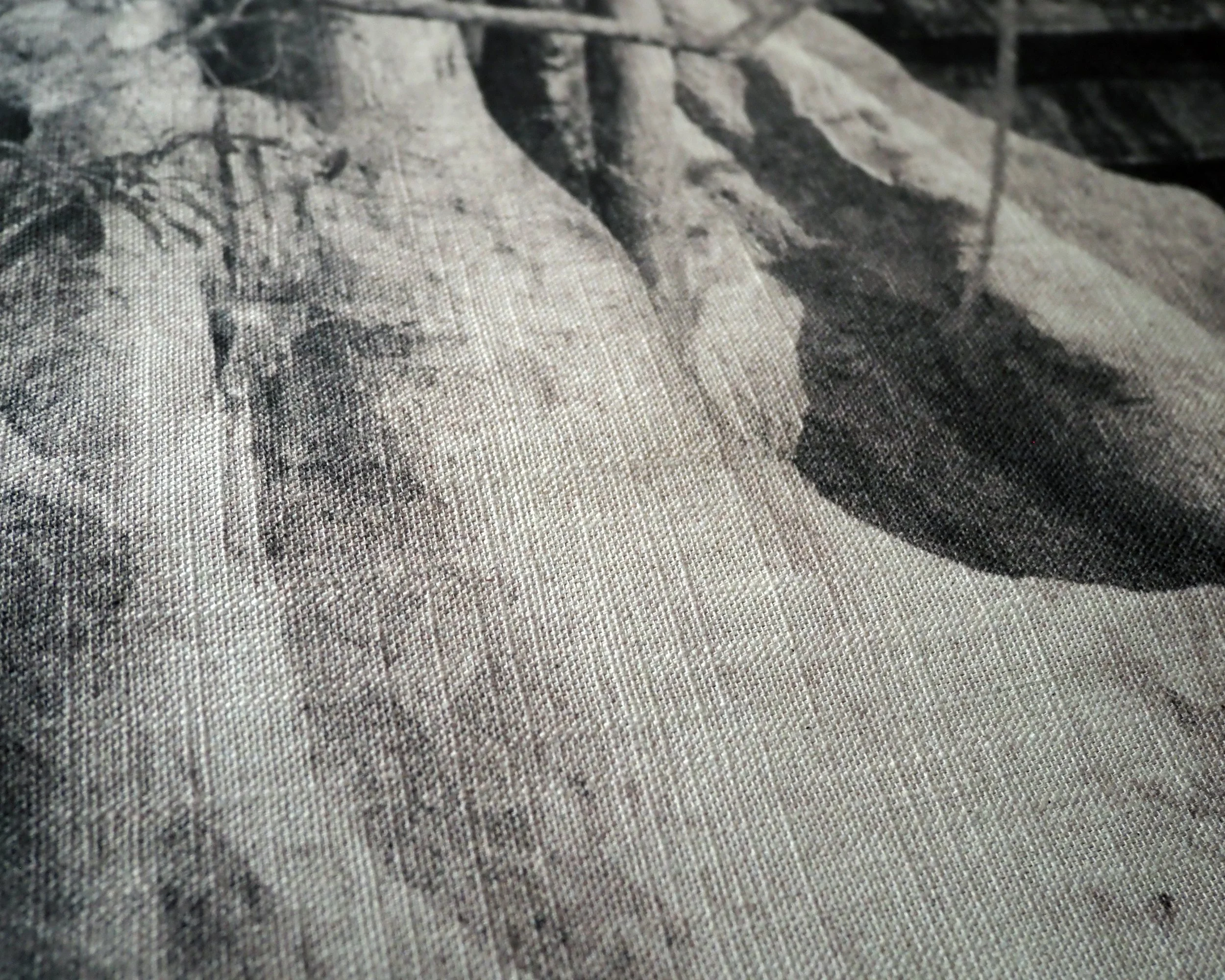 Close up detail of black and white photograph on textured linen fabric