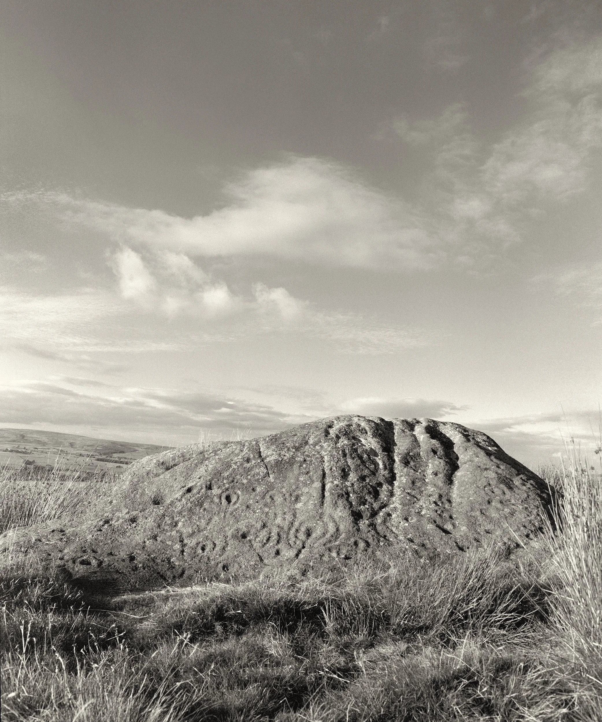 Black and white photographic image of Badger Stone known for prehistoric cup and ring marks on a large rock shaped like a badger, part of the neolithic rocks on Ilkley Moor, within the Bradford Pennine Gateway National Nature Reserve in Yorkshire