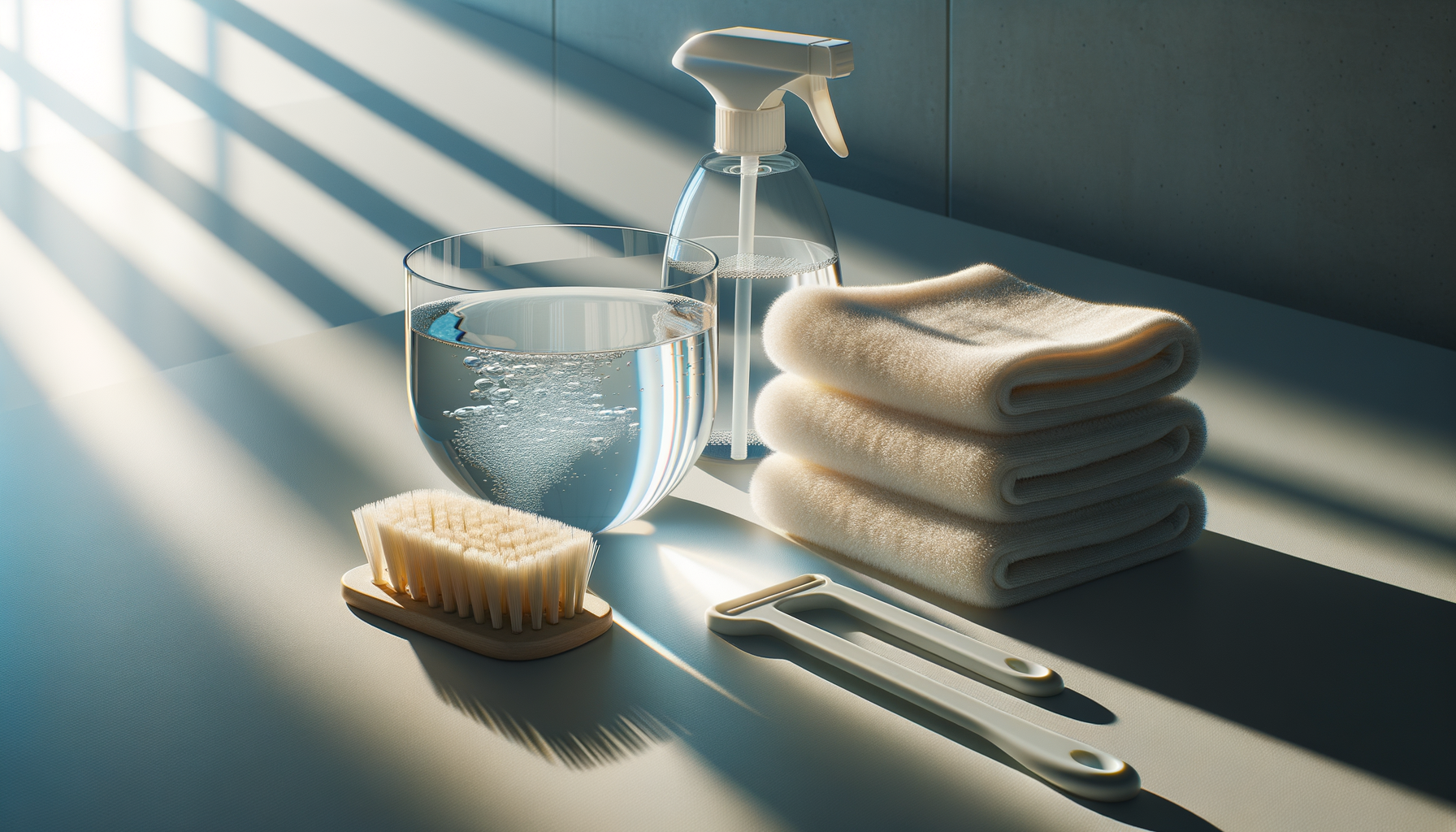 Stack of four neatly folded white towels, a clear glass of water, a spray bottle, a wooden scrub brush, and a white lint roller on a white surface with sunlight streaming in.