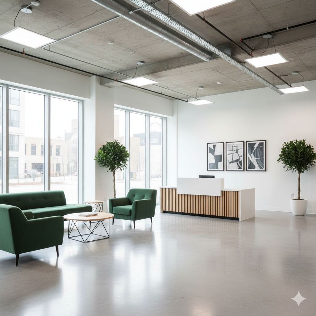 Modern minimalist lobby with white walls, large windows, green sofa and armchair, abstract art on wall, two potted trees, wooden reception desk.