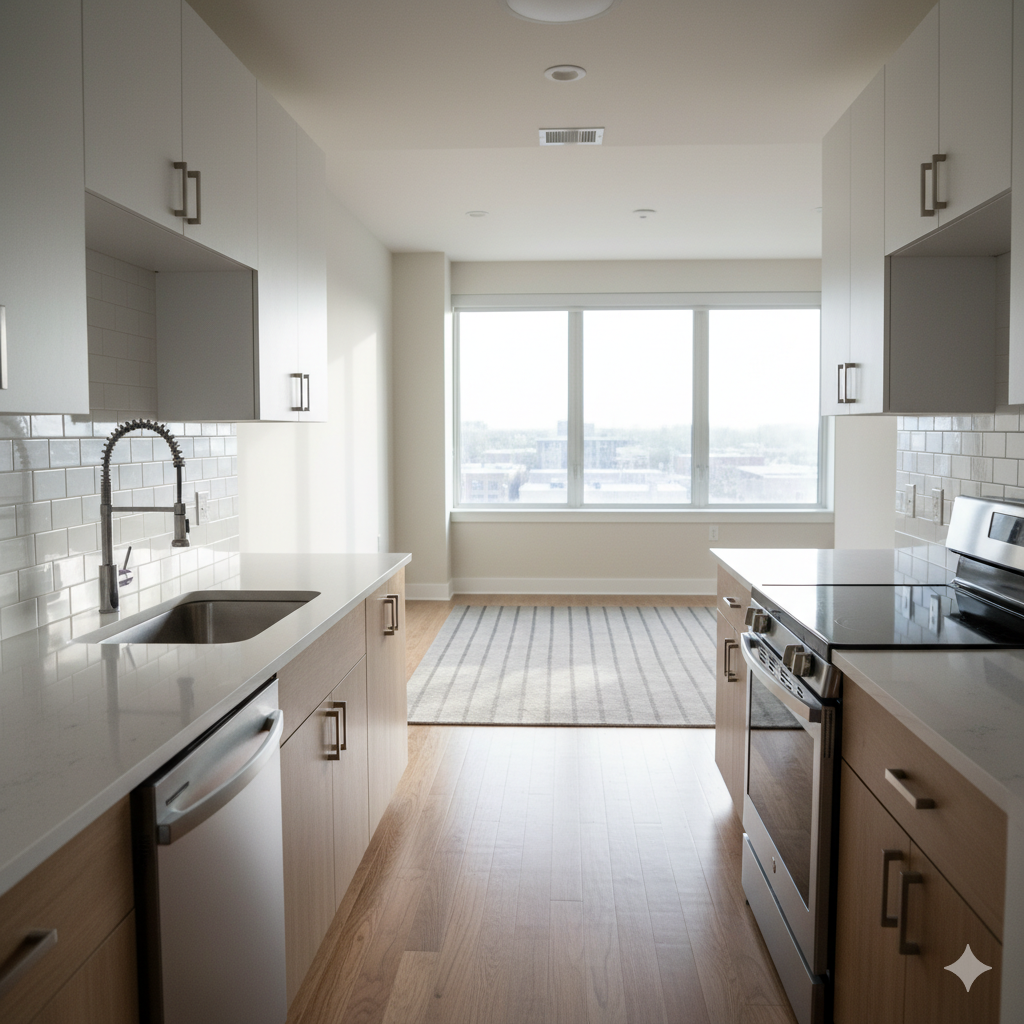 Modern kitchen with white cabinets, stainless steel sink, black stove, white countertops, wooden flooring, large window with city view, beige rug.