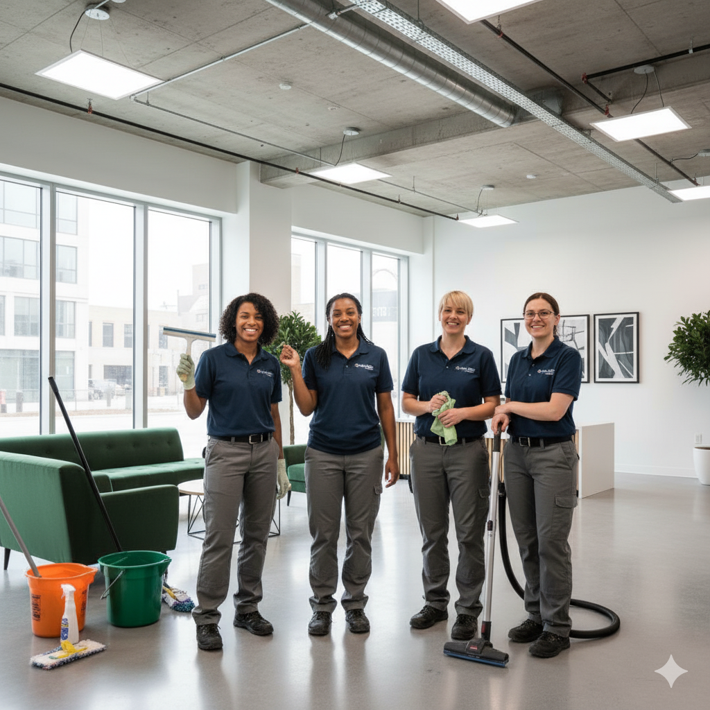 Four women in uniforms smile and pose with cleaning tools in a bright, modern office lobby with large windows, couches, and minimal decor.