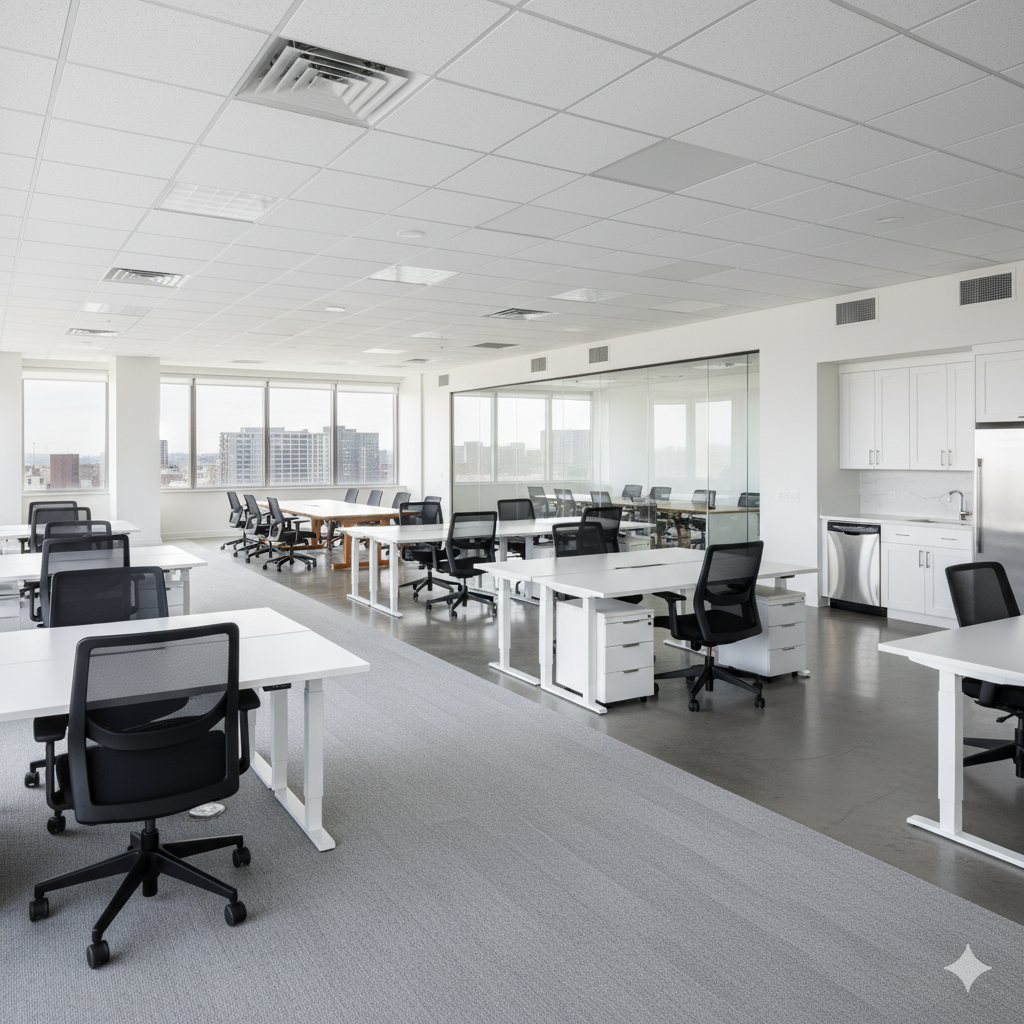 Empty modern office with white desks and black ergonomic chairs, large windows, and a mini kitchen area with white cabinets.