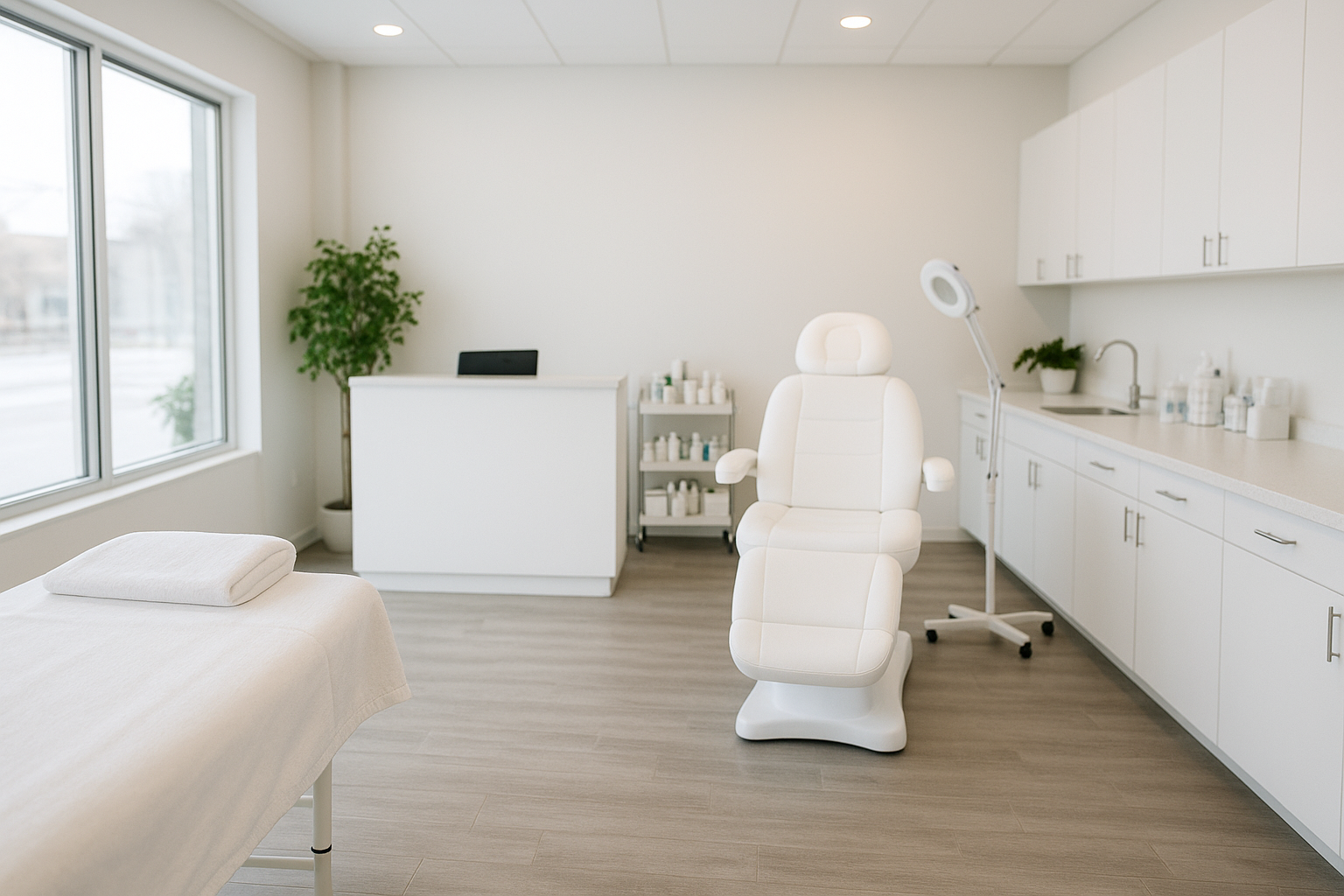 A clean medical examination room with a treatment bed, a white doctor chair, and white cabinets. There is a window on the left, a potted plant, and medical supplies on a shelf and counter.