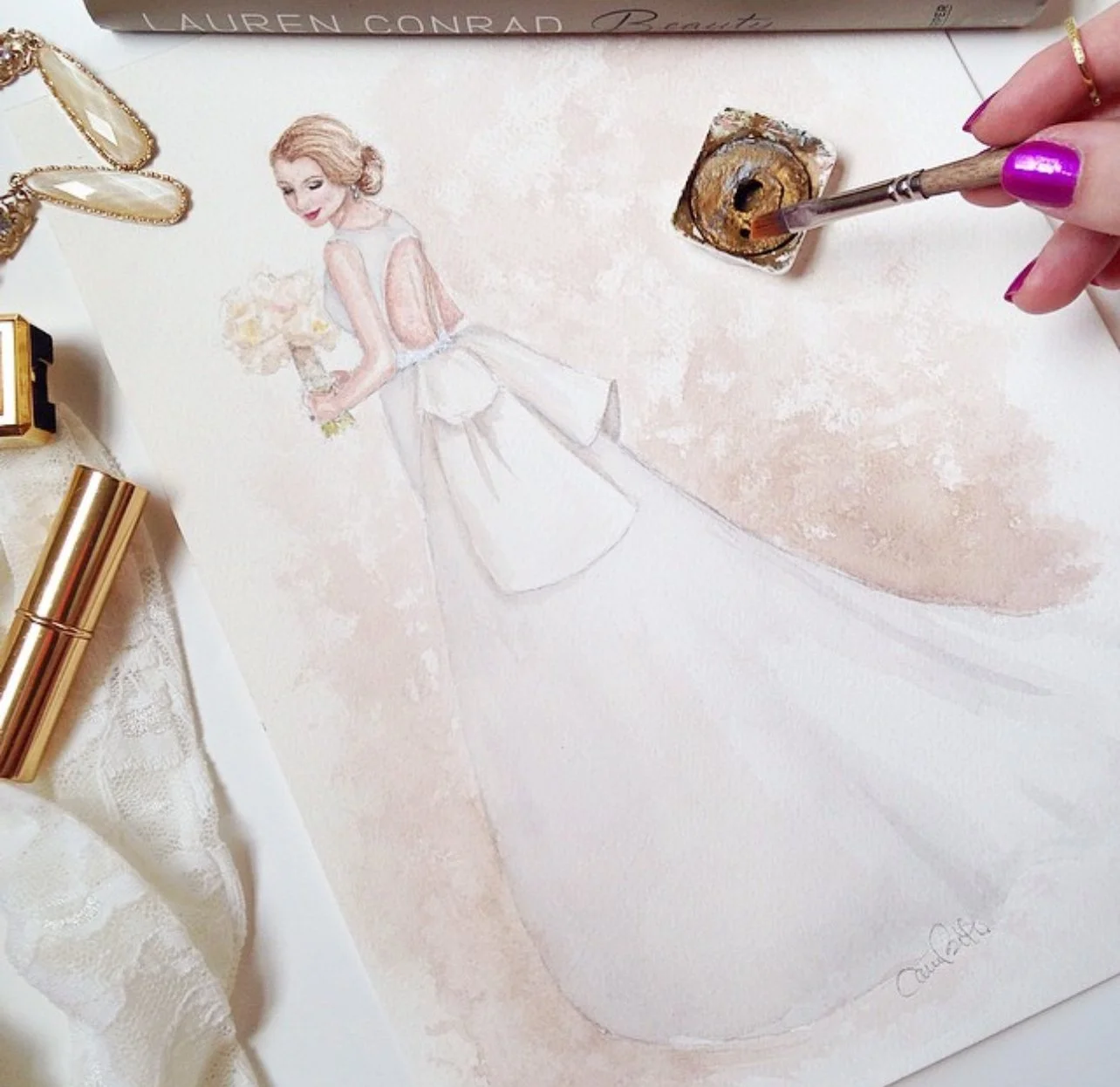 Red Head Bridal Fashion Illustration by Carrie Beth