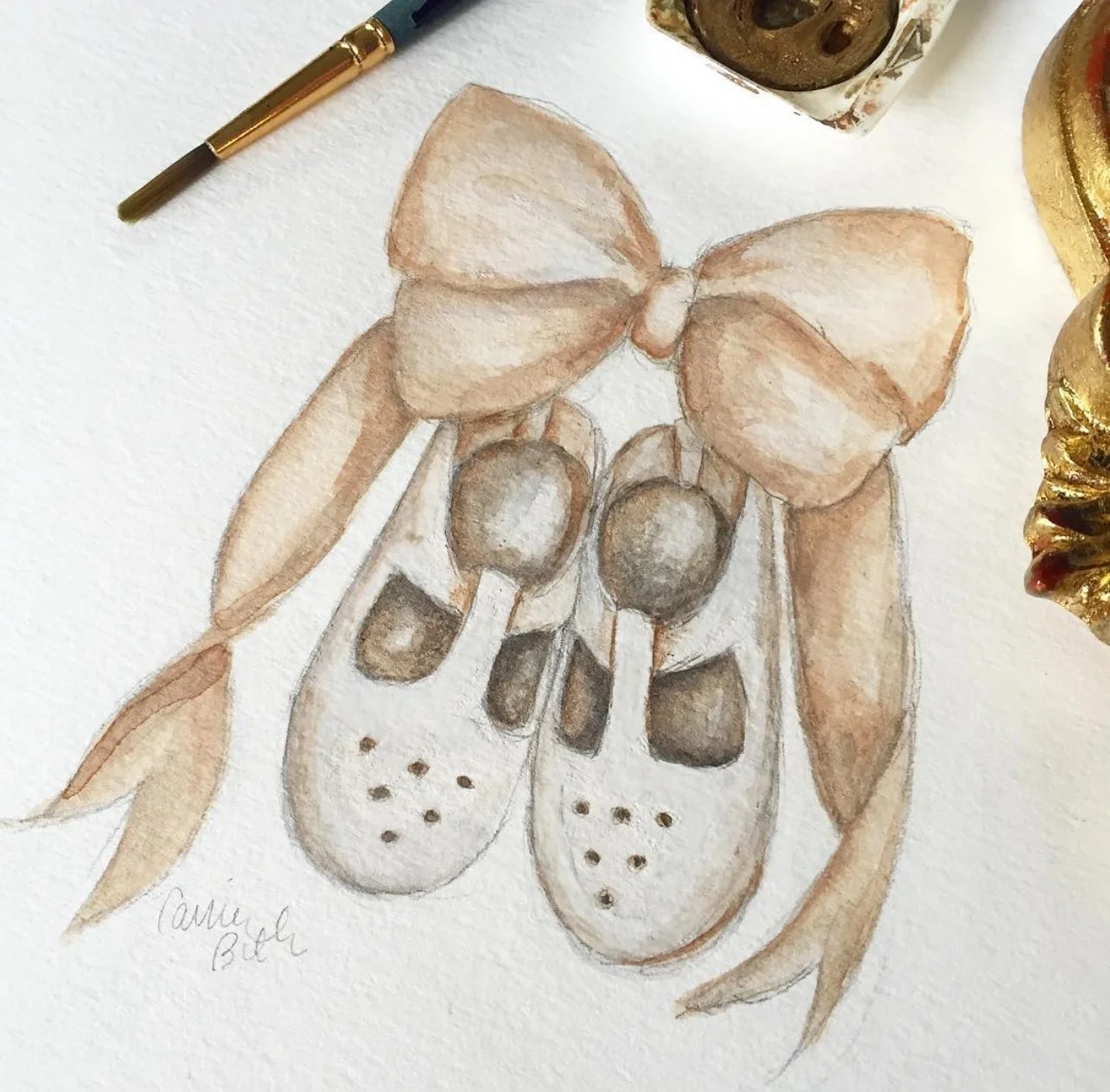 Baby Shoes and Bow Illustration by Carrie Beth