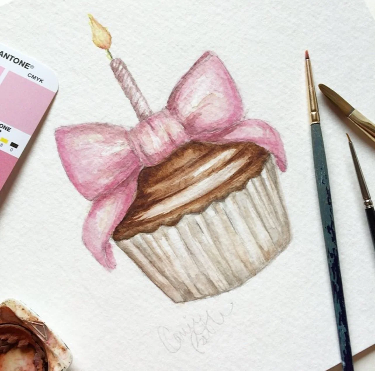 Cupcake and Pink Bow Illustration by Carrie Beth