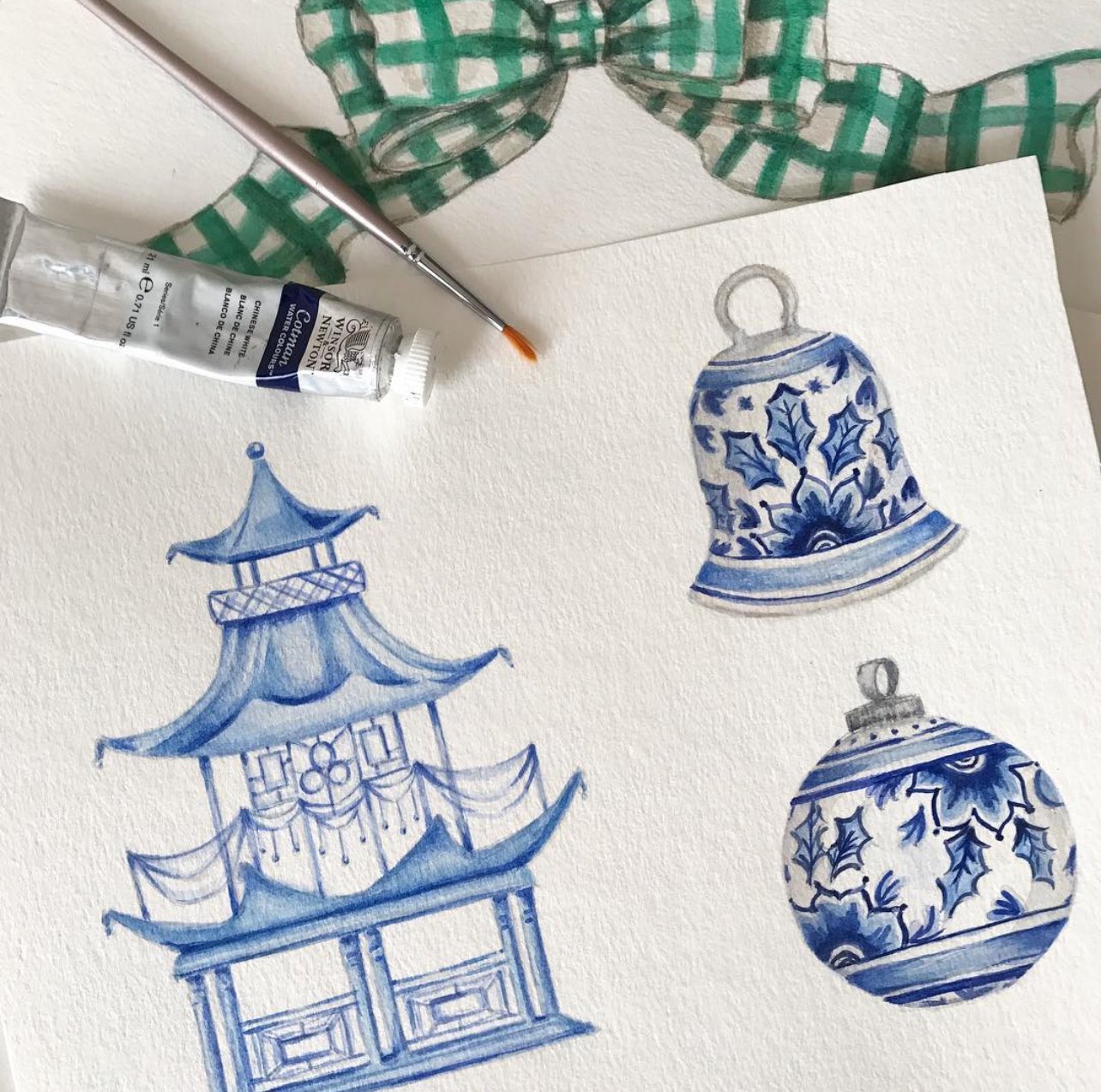 Pagoda with Blue and White Christmas Ornaments Illustration by Carrie Beth