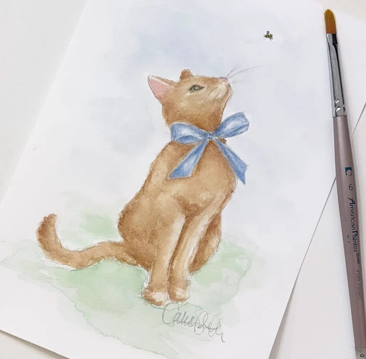 Kitty Cat Wearing Bow Illustration by Carrie Beth