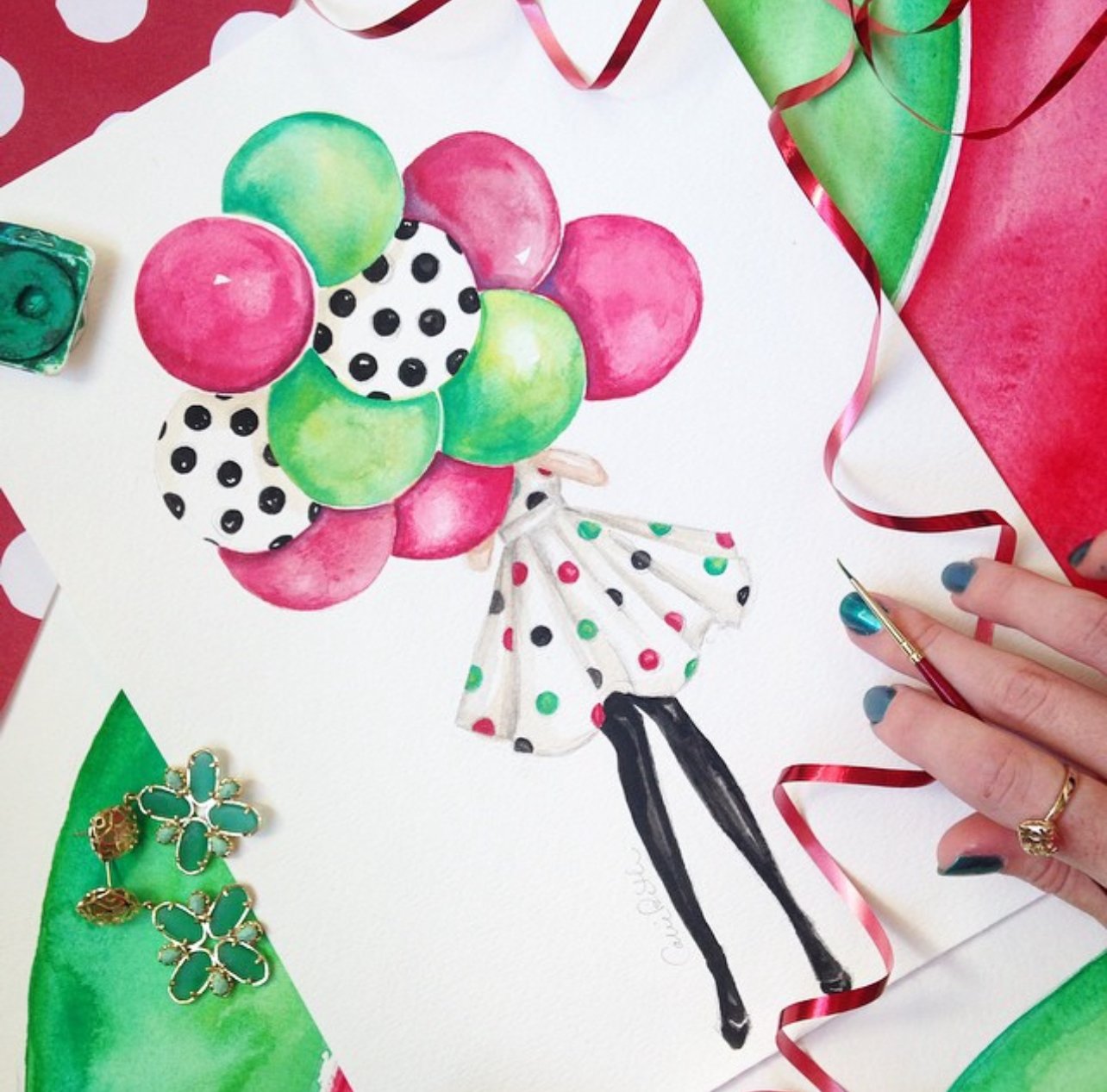 Christmas Polka Dot Balloon Girl Fashion Illustration by Carrie Beth