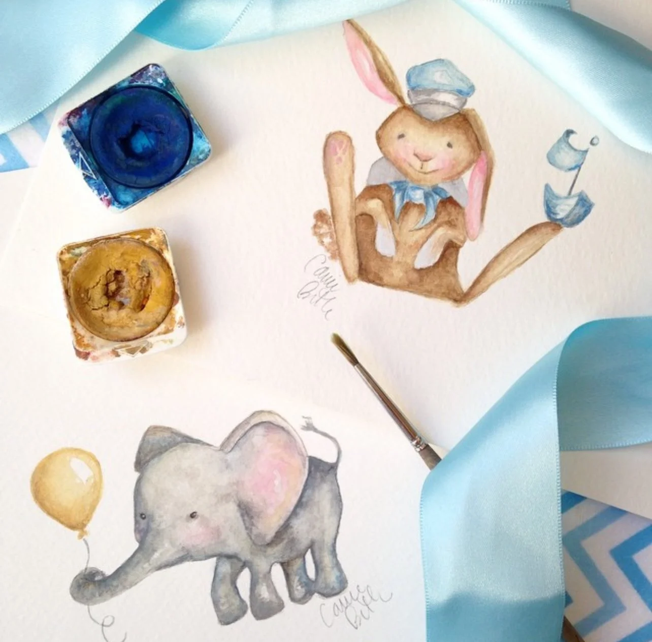 Sailor Bunny and Elie with Balloon Illustration by Carrie Beth