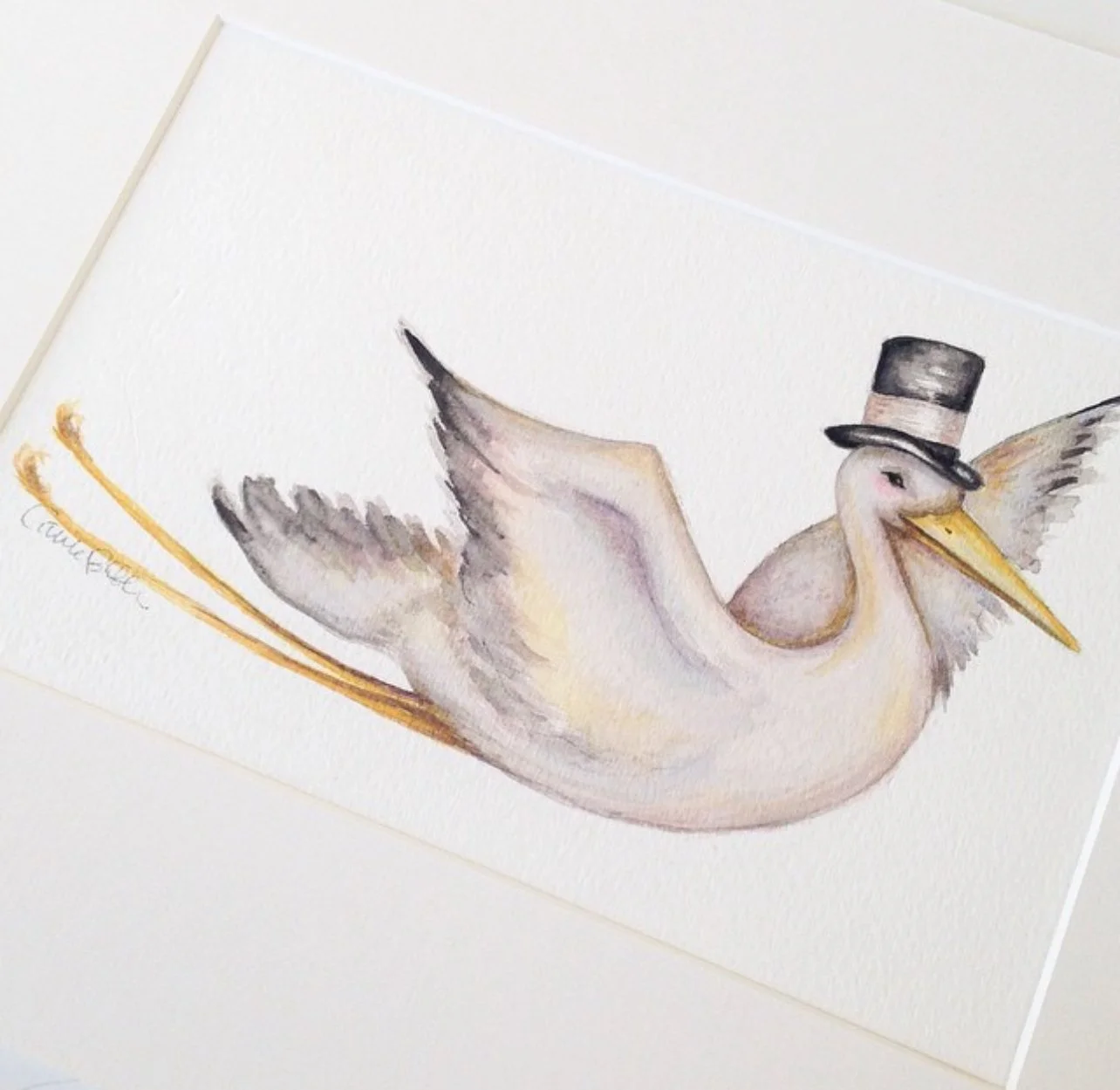 Flying Stork with Top Hat Illustration by Carrie Beth