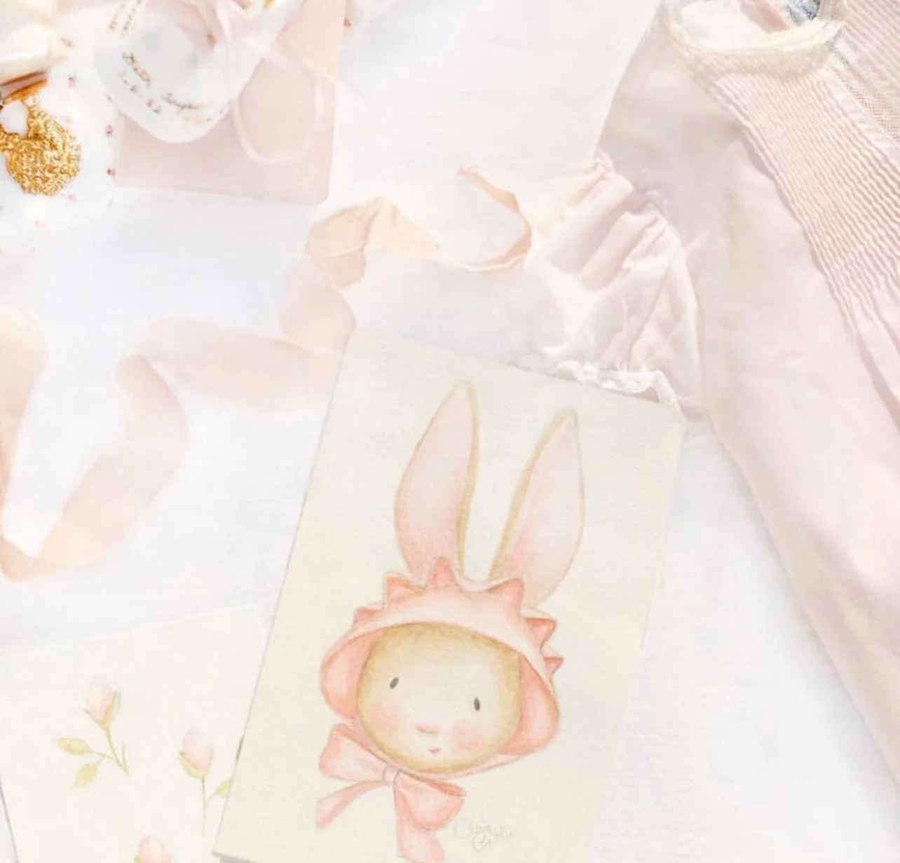 Bunny and Bonnet with Ribbon Illustration by Carrie Beth