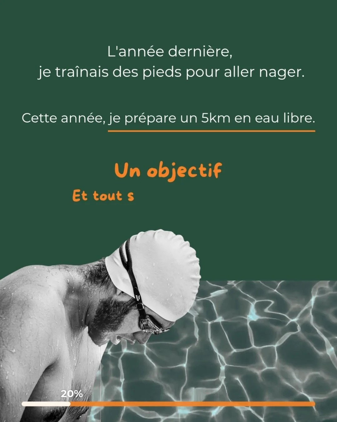 L'ann&eacute;e derni&egrave;re, je s&eacute;chais mes s&eacute;ances.
Cette ann&eacute;e, je pr&eacute;pare un 5km en eau libre.

La diff&eacute;rence ? Pas la motivation.
Un objectif qui fait mal &agrave; ne pas atteindre.

Sans cap clair &rarr; une
