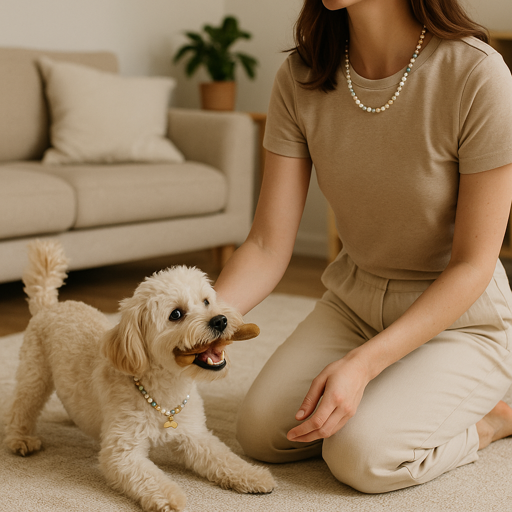 A woman kneeling on the floor playing tug with a small, fluffy, light-colored dog that is holding a wooden chew toy in its mouth. The woman is wearing a beige t-shirt and cream-colored pants, and has a pearl necklace. She is in a cozy living room with a beige sofa and a potted plant in the background.