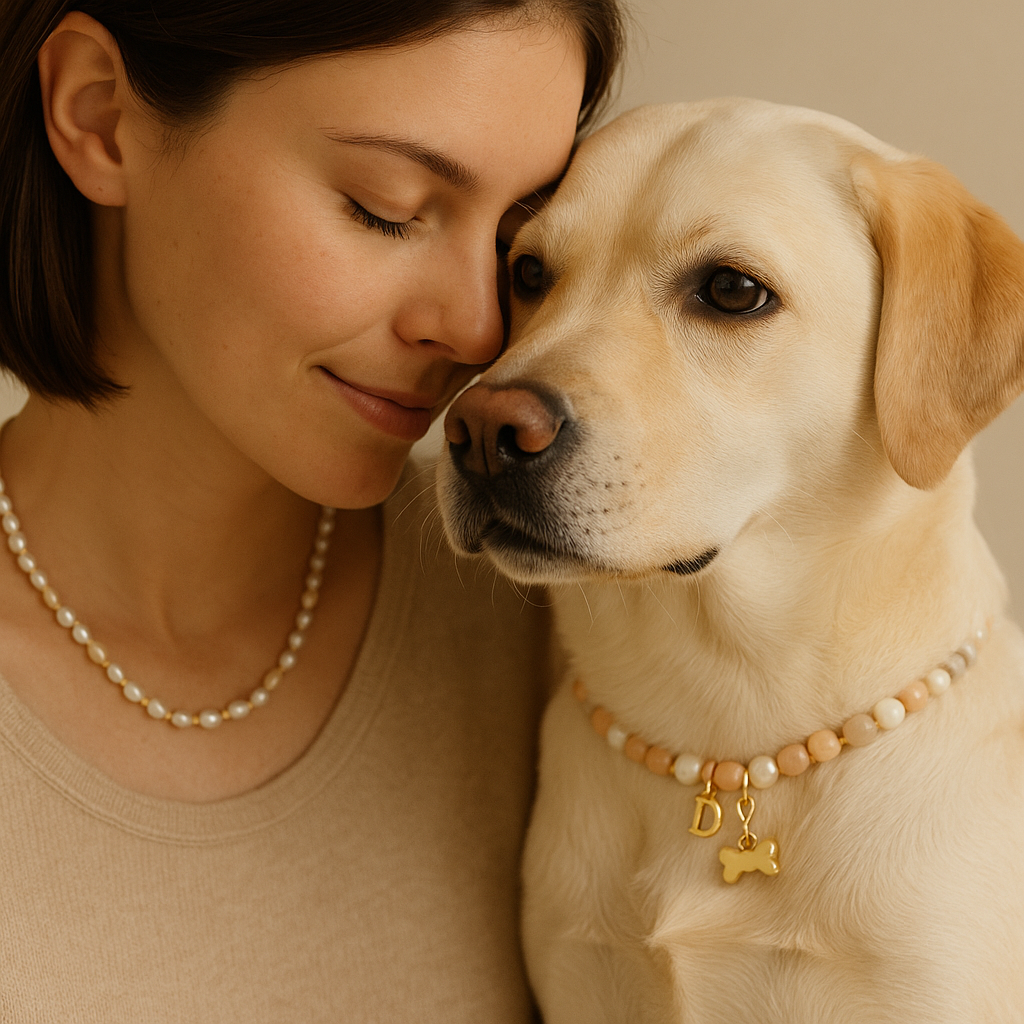 A woman with short brown hair, wearing a pearl necklace, is gently touching her forehead to a yellow Labrador retriever, who is wearing a pearl necklace with a gold dog tag and letter charms. The woman has her eyes closed and a peaceful smile, while the dog looks calm.