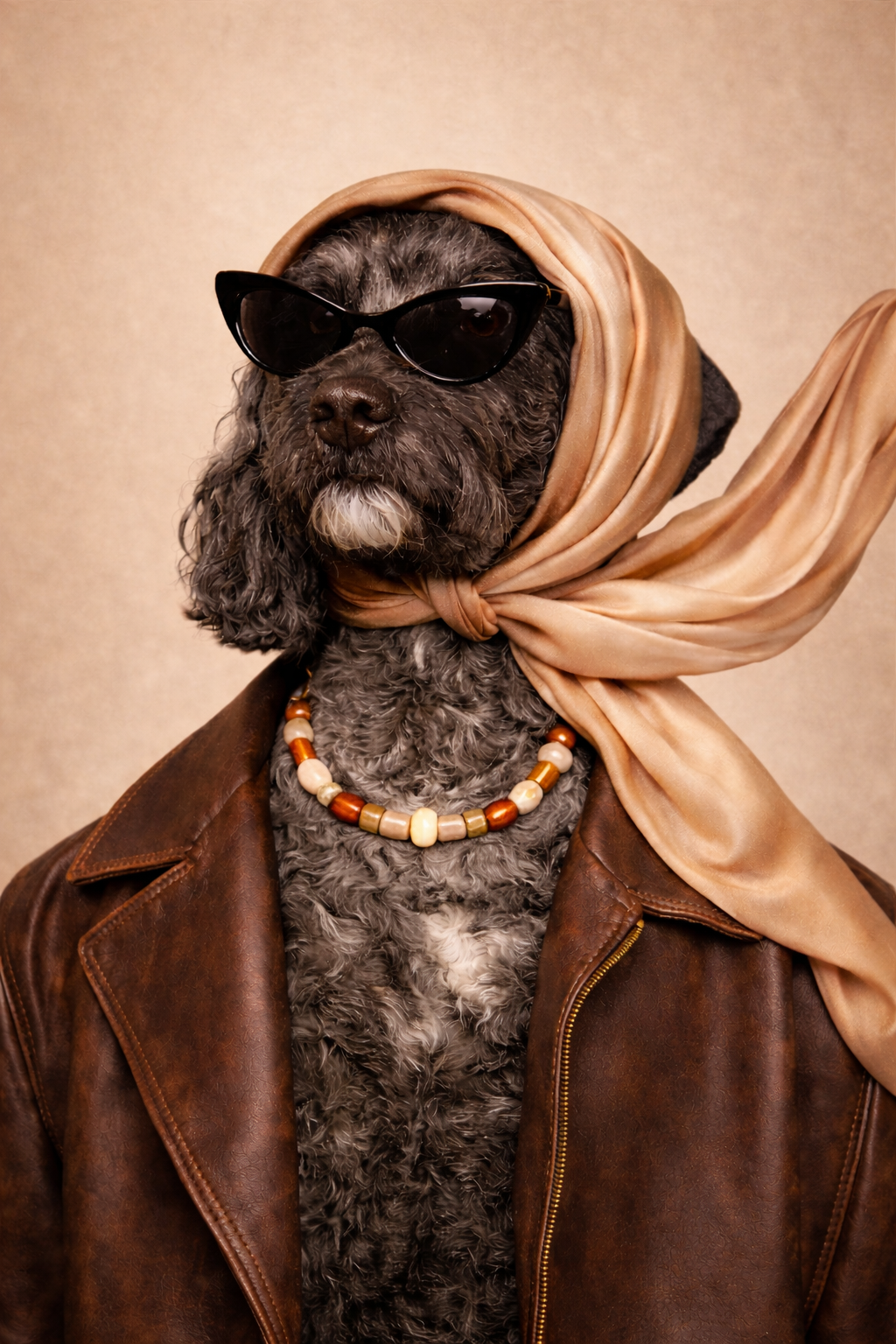 A dog dressed in retro style, wearing black cat-eye sunglasses, a beige scarf tied around its head, a beaded necklace, and a brown leather jacket.
