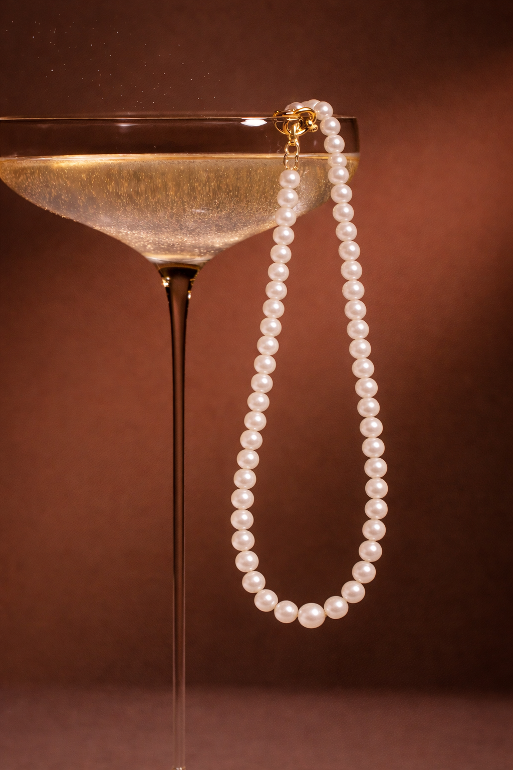 A pearl necklace hanging over the rim of a champagne glass filled with sparkling wine or champagne, with a brown background.