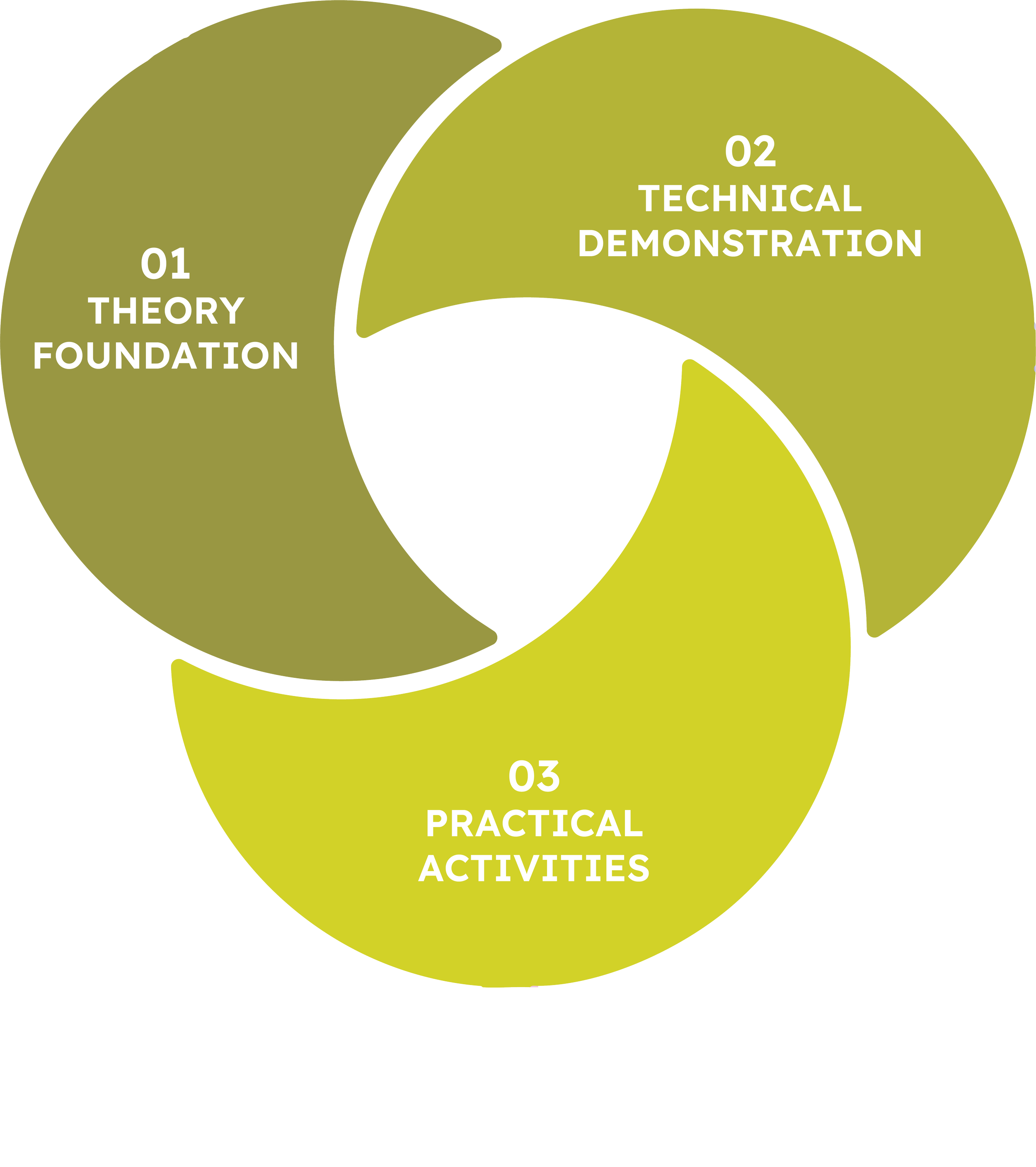 Diagram of a learning cycle with three interconnected circles labeled 'Theory Foundation,' 'Technical Demonstration,' and 'Practical Activities,' with a central black area labeled 'Mastery'.