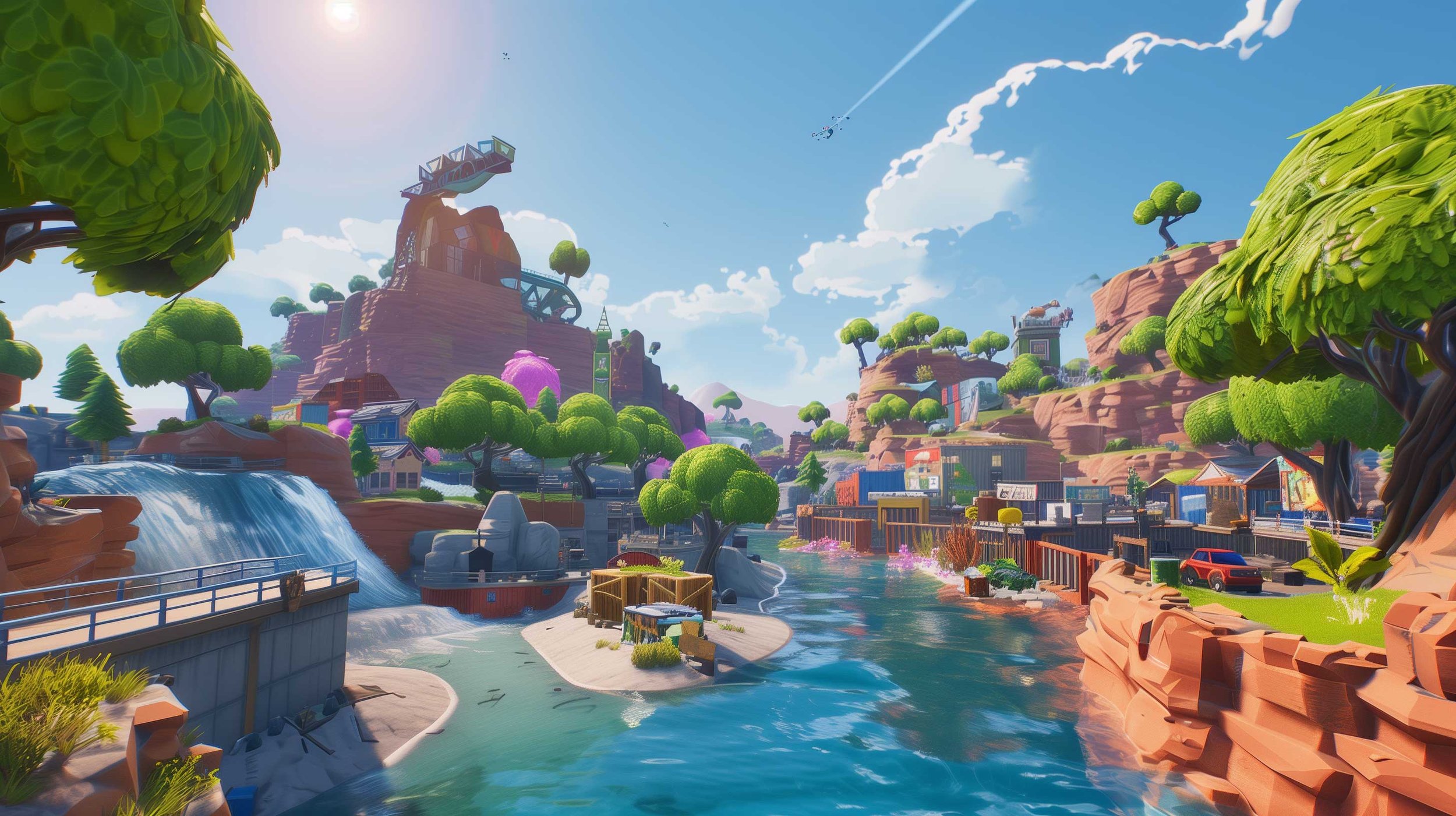 A vibrant animated landscape featuring a river flowing through a colorful hillside town with lush green trees, waterfalls, and various buildings under a bright blue sky with clouds and airplanes in the distance.