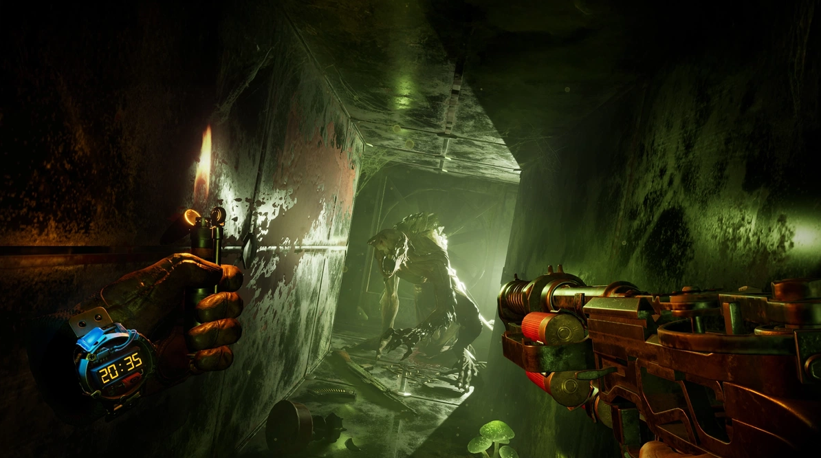 First-person view of a person holding a gun and a timer device, facing a monstrous creature in a dark, greenish, tunnel-like environment.
