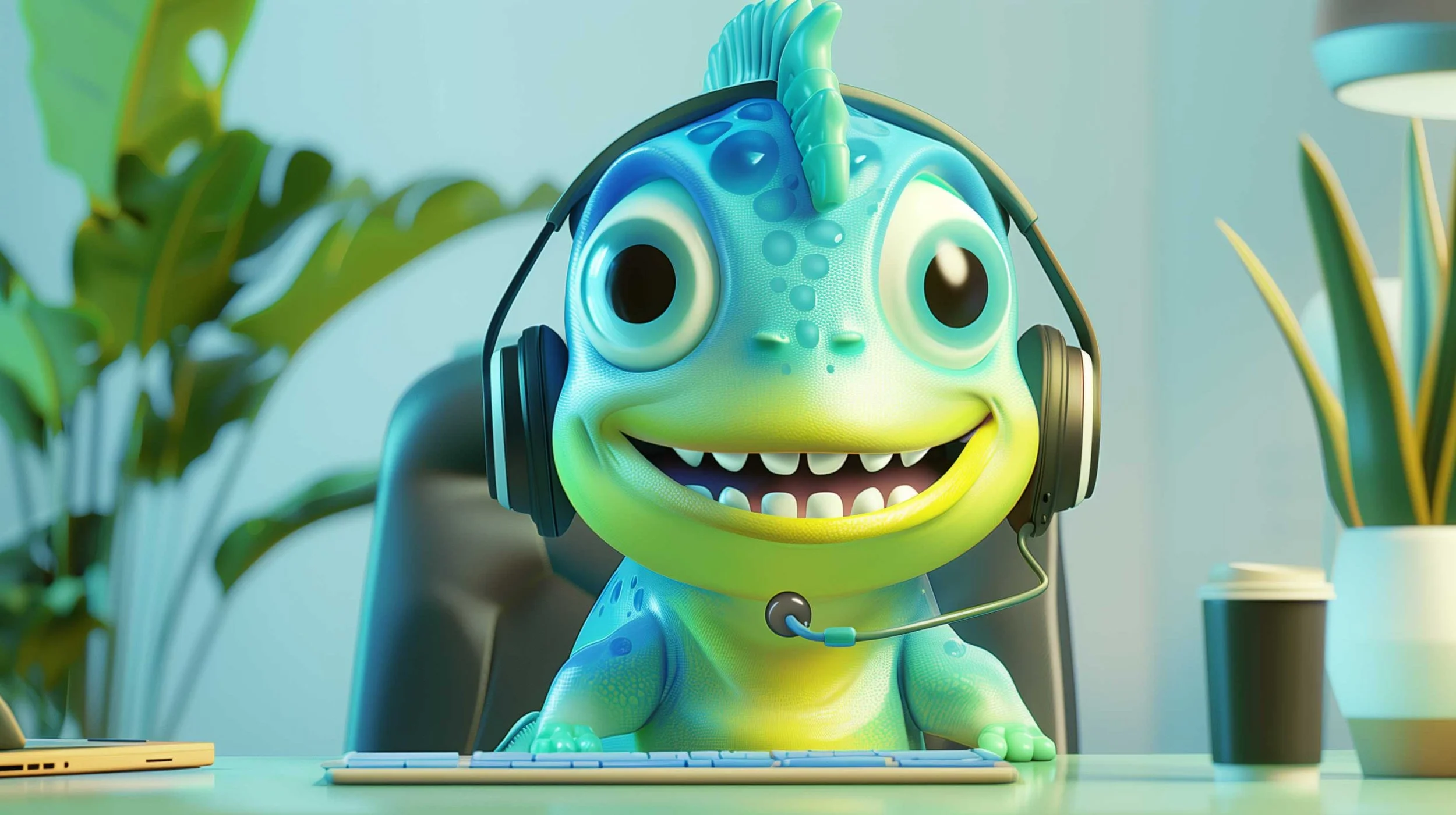 Animated dinosaur character sitting at a desk wearing a headset with a microphone, smiling. There are plants in the background and a coffee cup on the desk.
