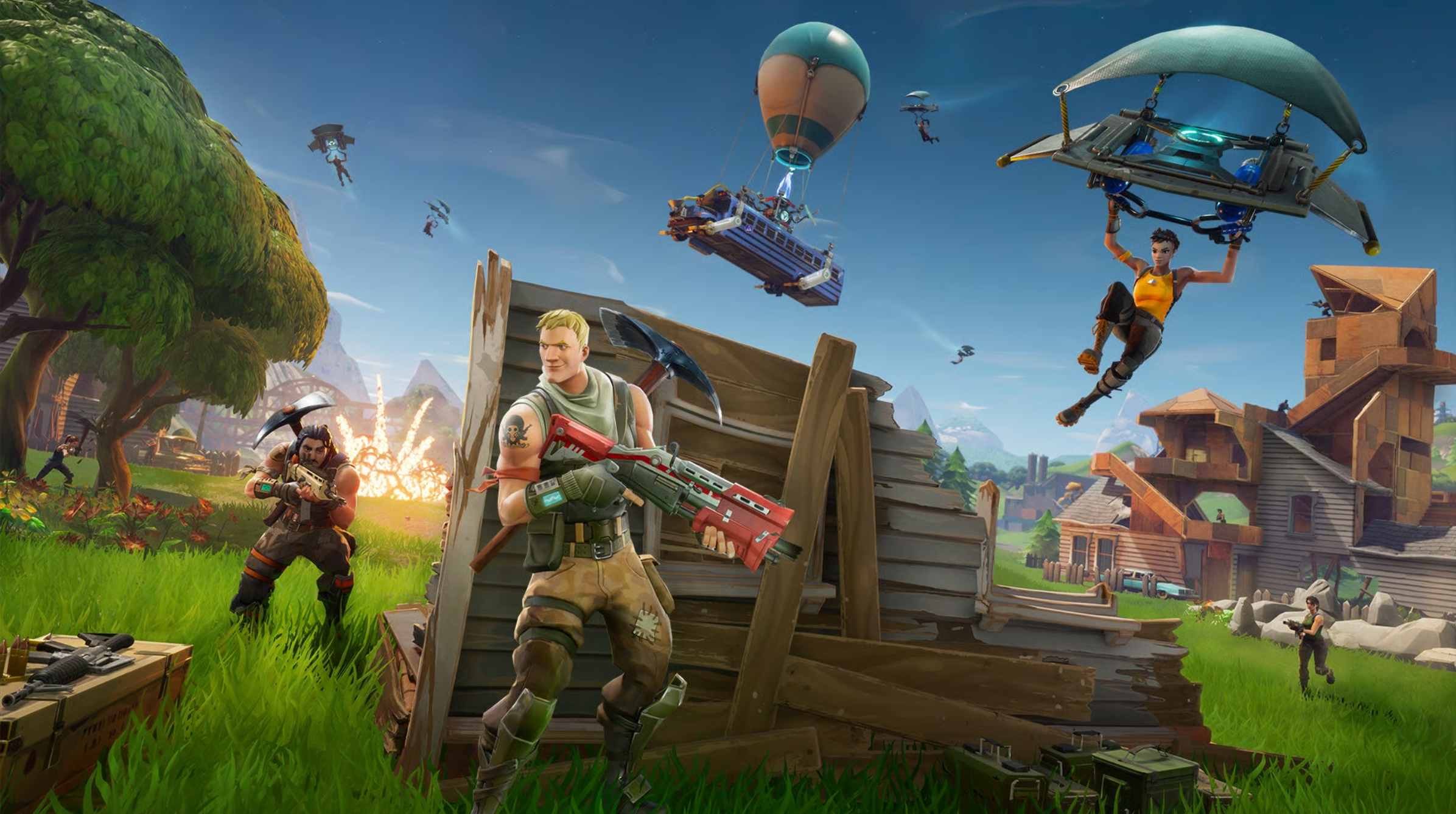 Fortnite game scene with players in combat, shooting, and parachuting into a lush green area with trees, wooden structures, and mountains in the background.
