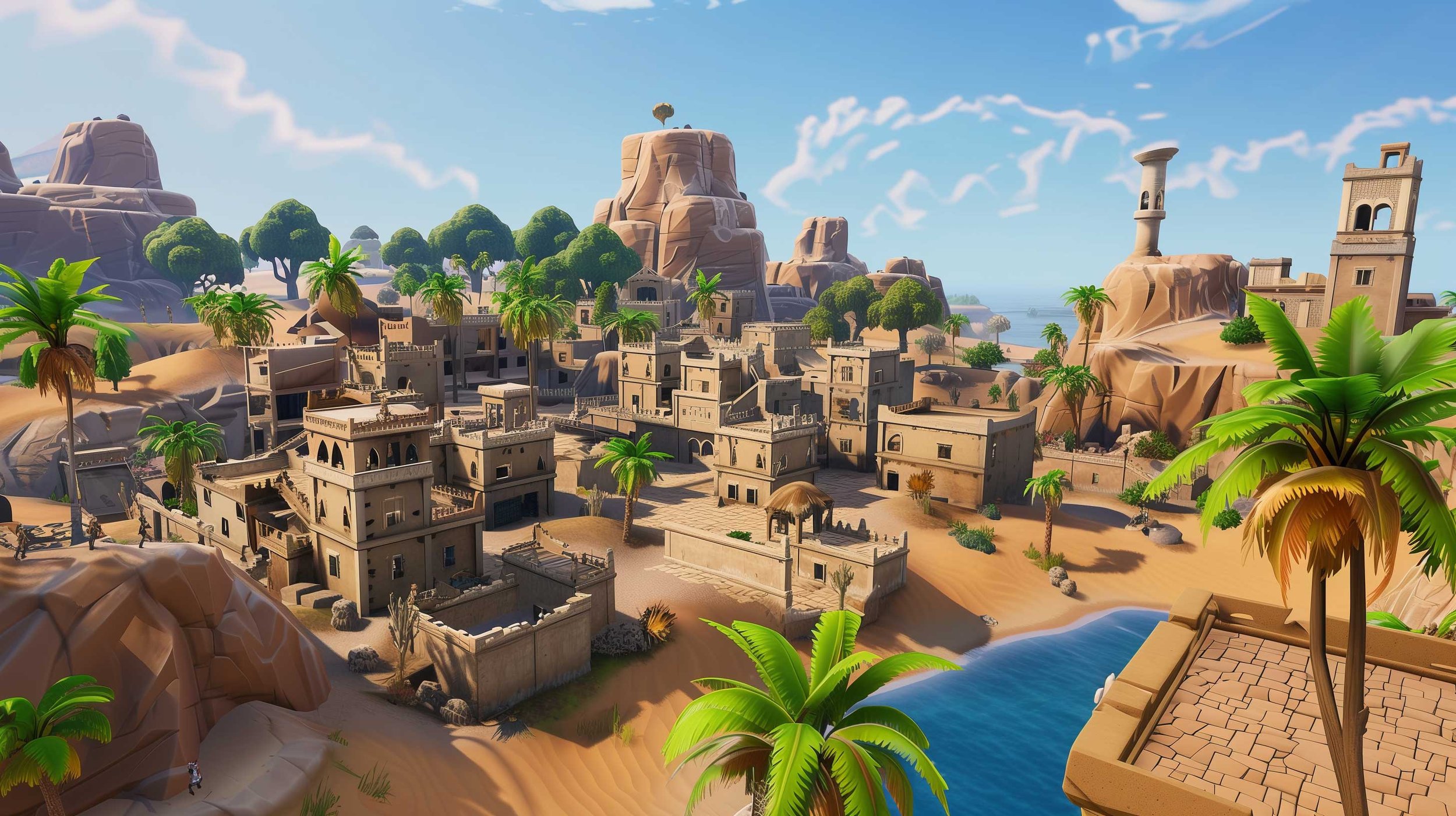 A desert landscape with sandy terrain, scattered palm trees, and a small water body in the foreground. There are ancient-style buildings with flat roofs and a large rocky formation in the background, under a blue sky with some clouds.