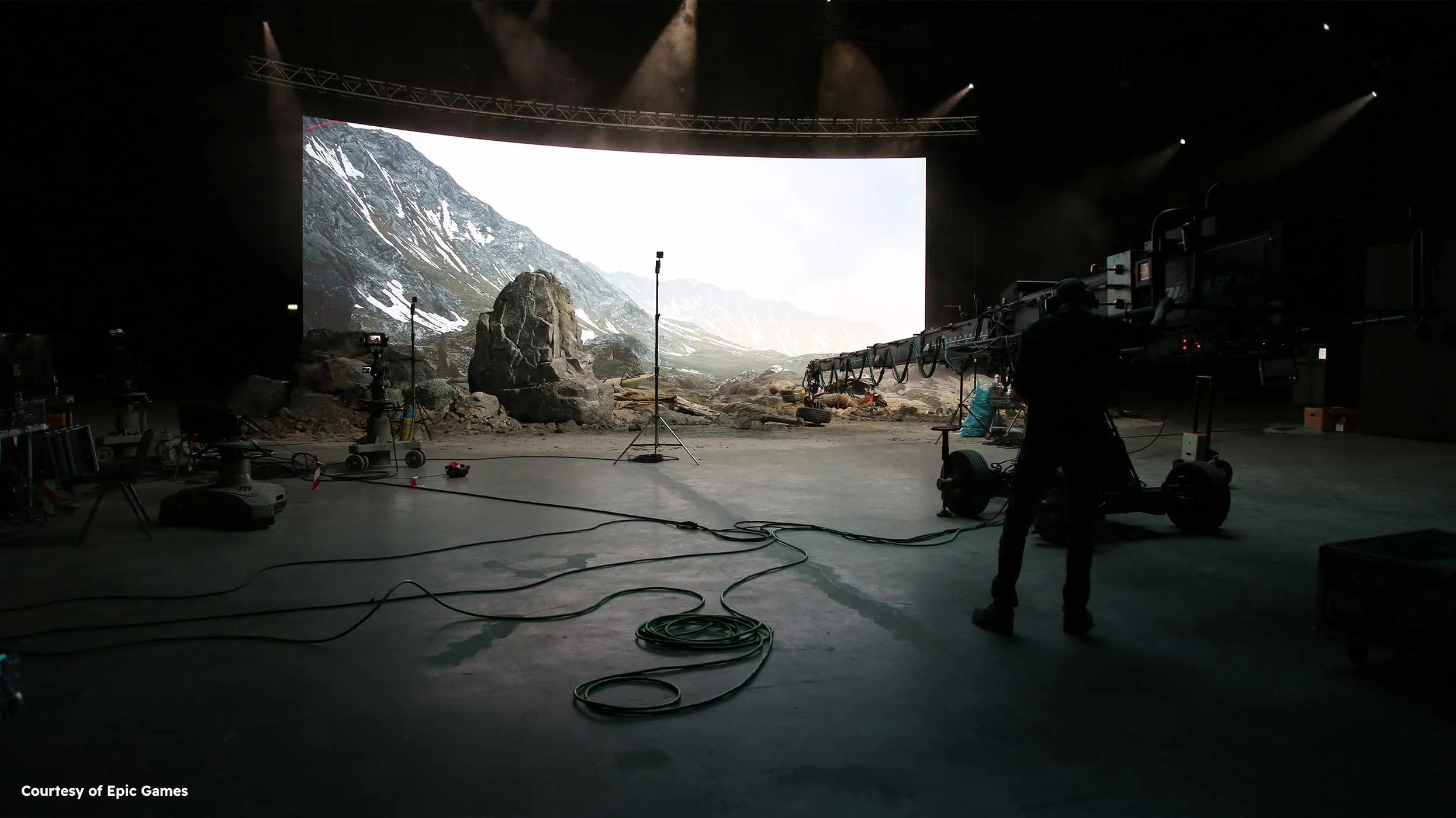 Film set with a digital backdrop of mountains and rocks, showing a person operating camera equipment, and various lighting and technical tools scattered on the floor.