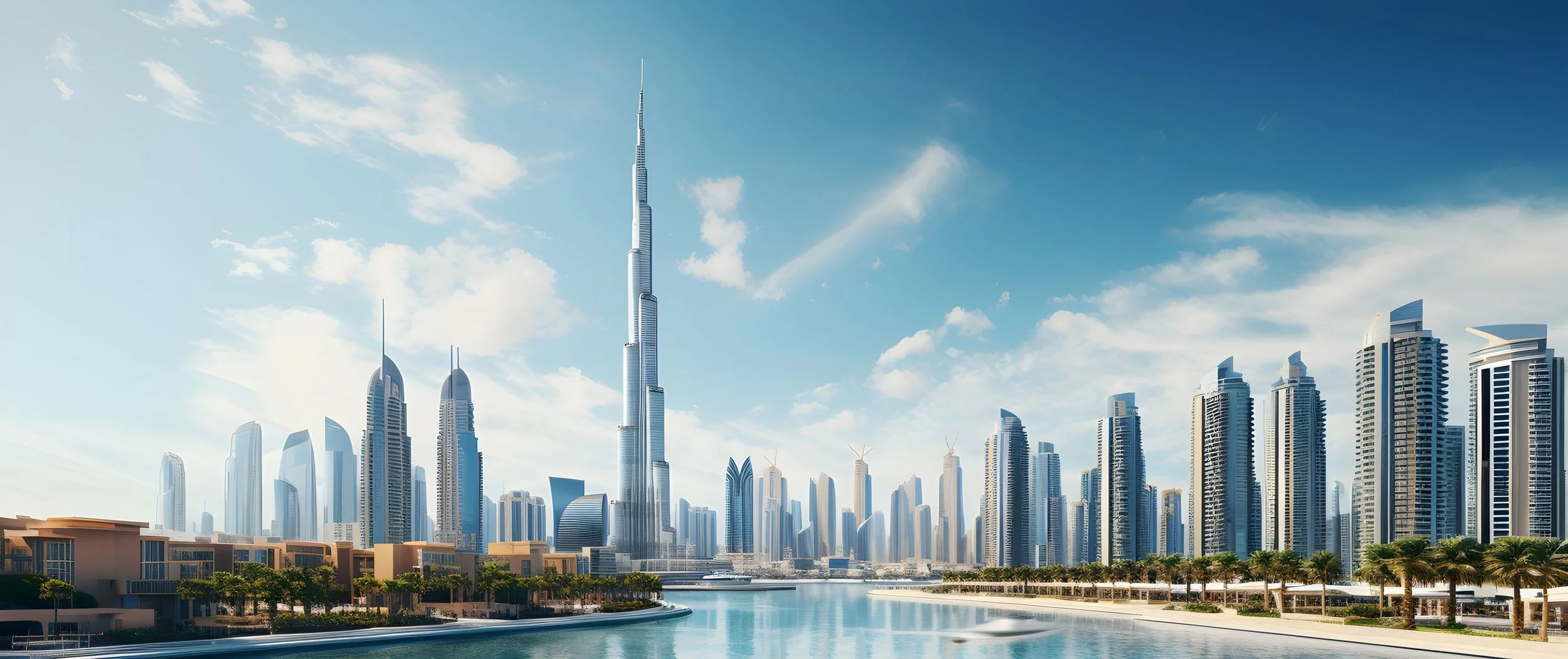 Skyline of Dubai with the Burj Khalifa and modern skyscrapers along a waterfront