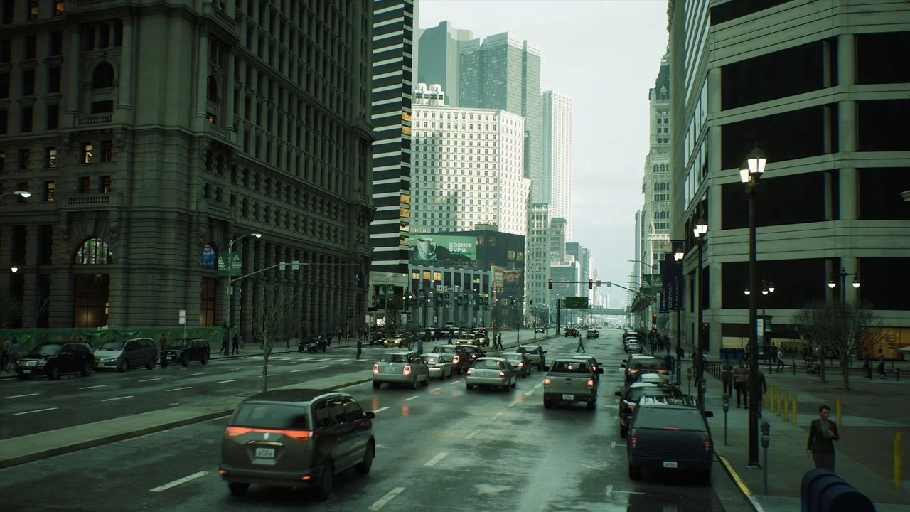 Downtown city street with tall buildings, cars on the road, and pedestrians walking on sidewalks.
