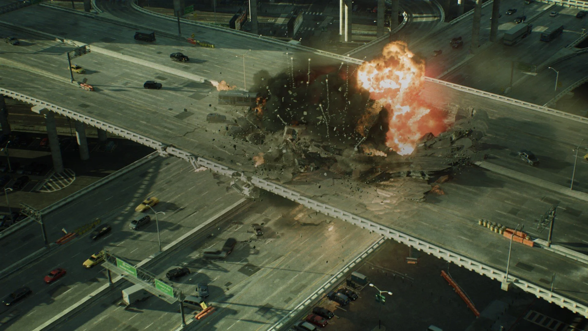 Explosion destroys section of multi-level highway with cars scattered and fire bursting out of wreckage.