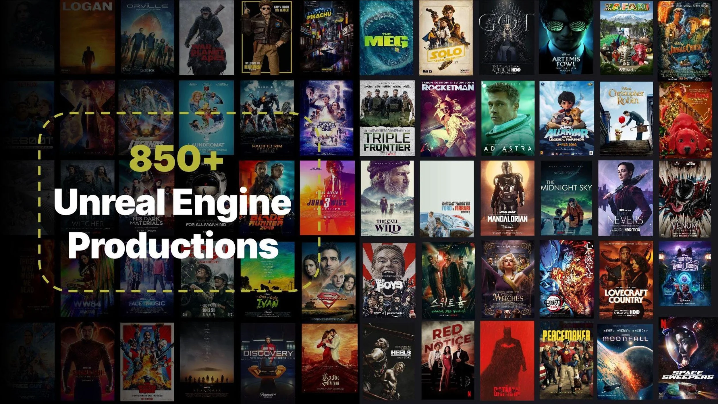 Collage of over 850 movie posters with a text overlay indicating '850+ Unreal Engine Productions'.