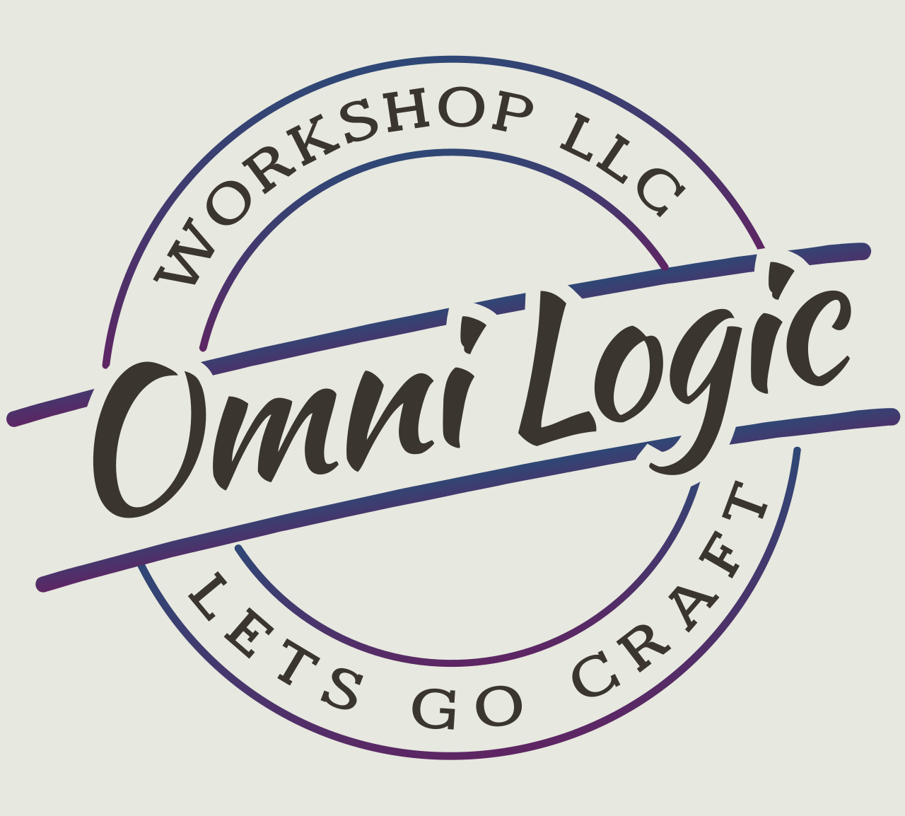 Logo for Omni Logíc with the text 'Workshop LLC Let's go craft' in a circular design with stylized lines and bold font.
