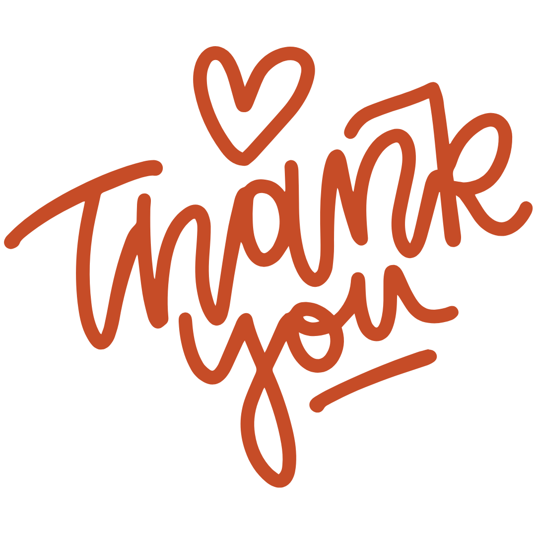Handwritten phrase "Thank You" with a heart above it, in brown ink.