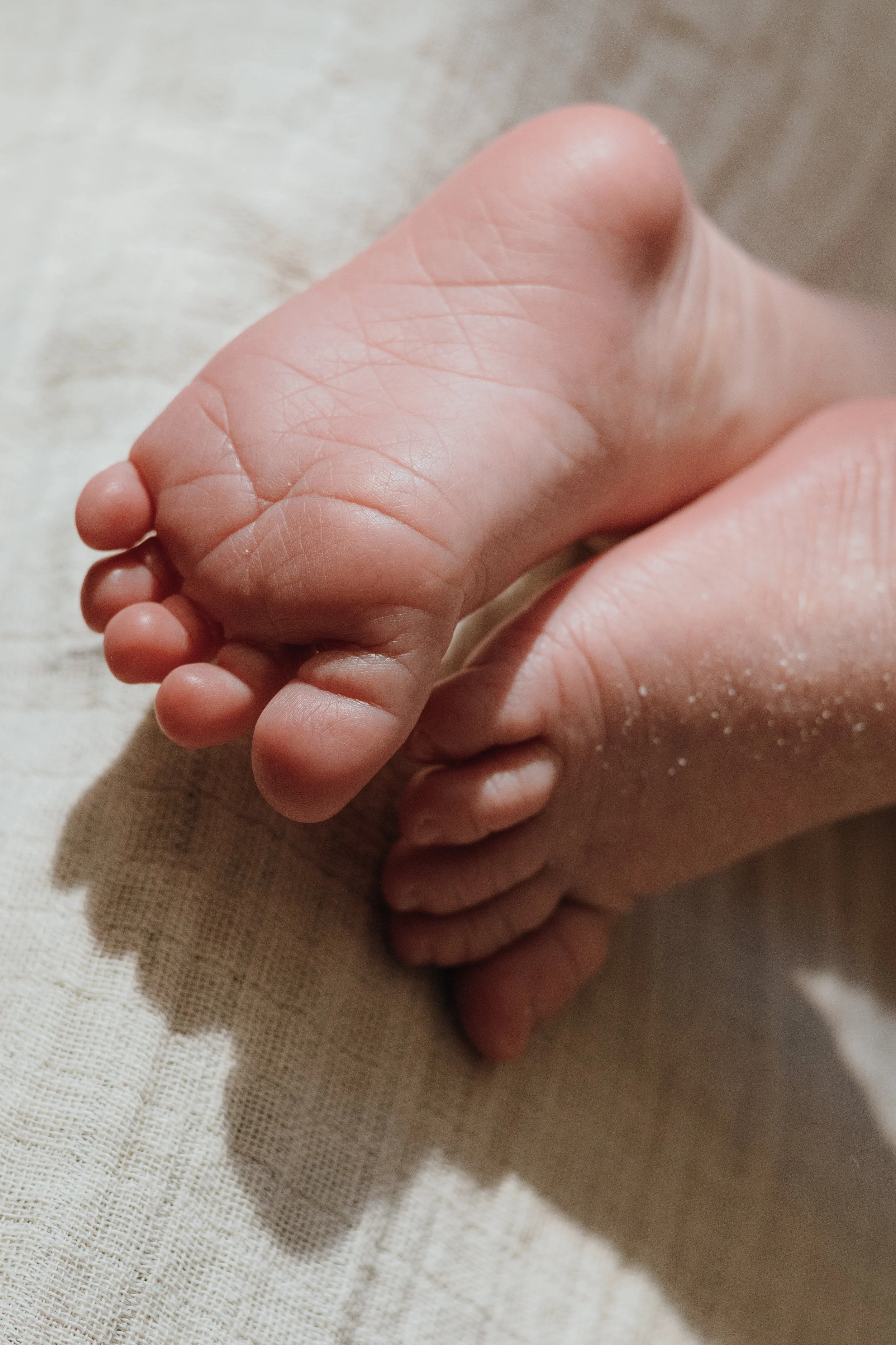Nahaufnahme von einem erwachsenen menschlichen Fuß, der einen kleinen Kinderfuß hält.