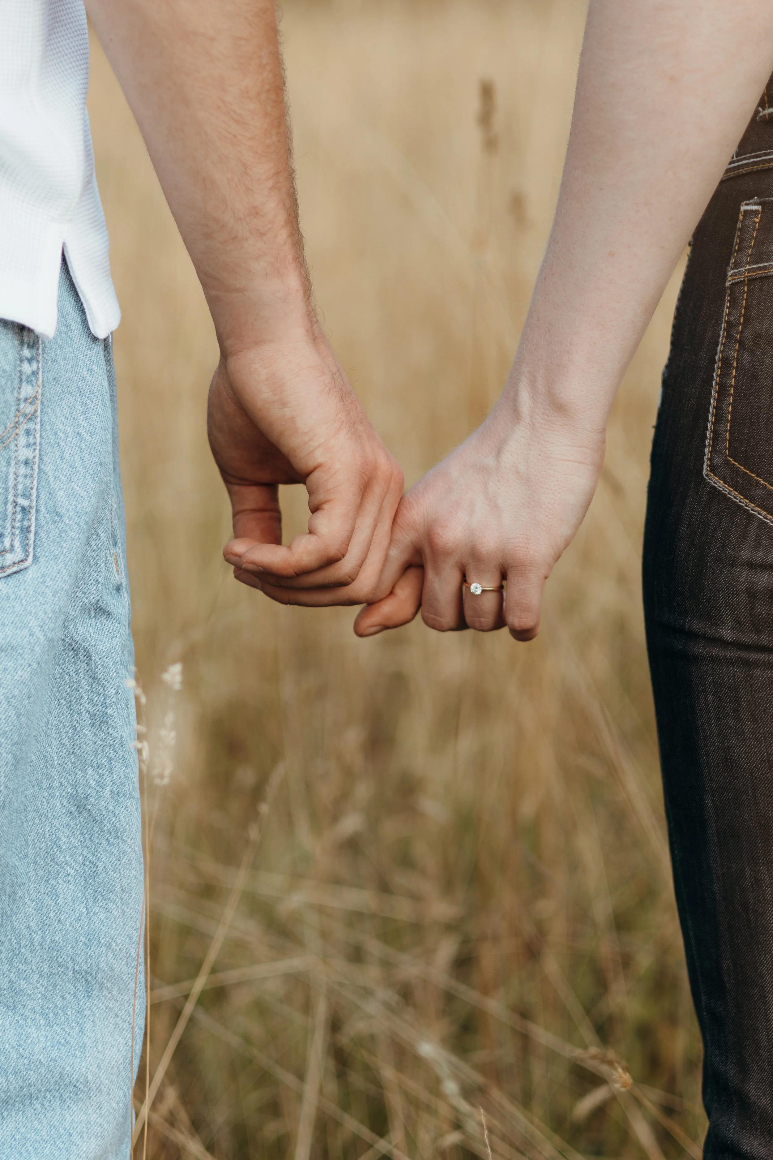 Nahaufnahme von zwei Menschen, die sich an den Händen halten, im Freien in einer Wiese.