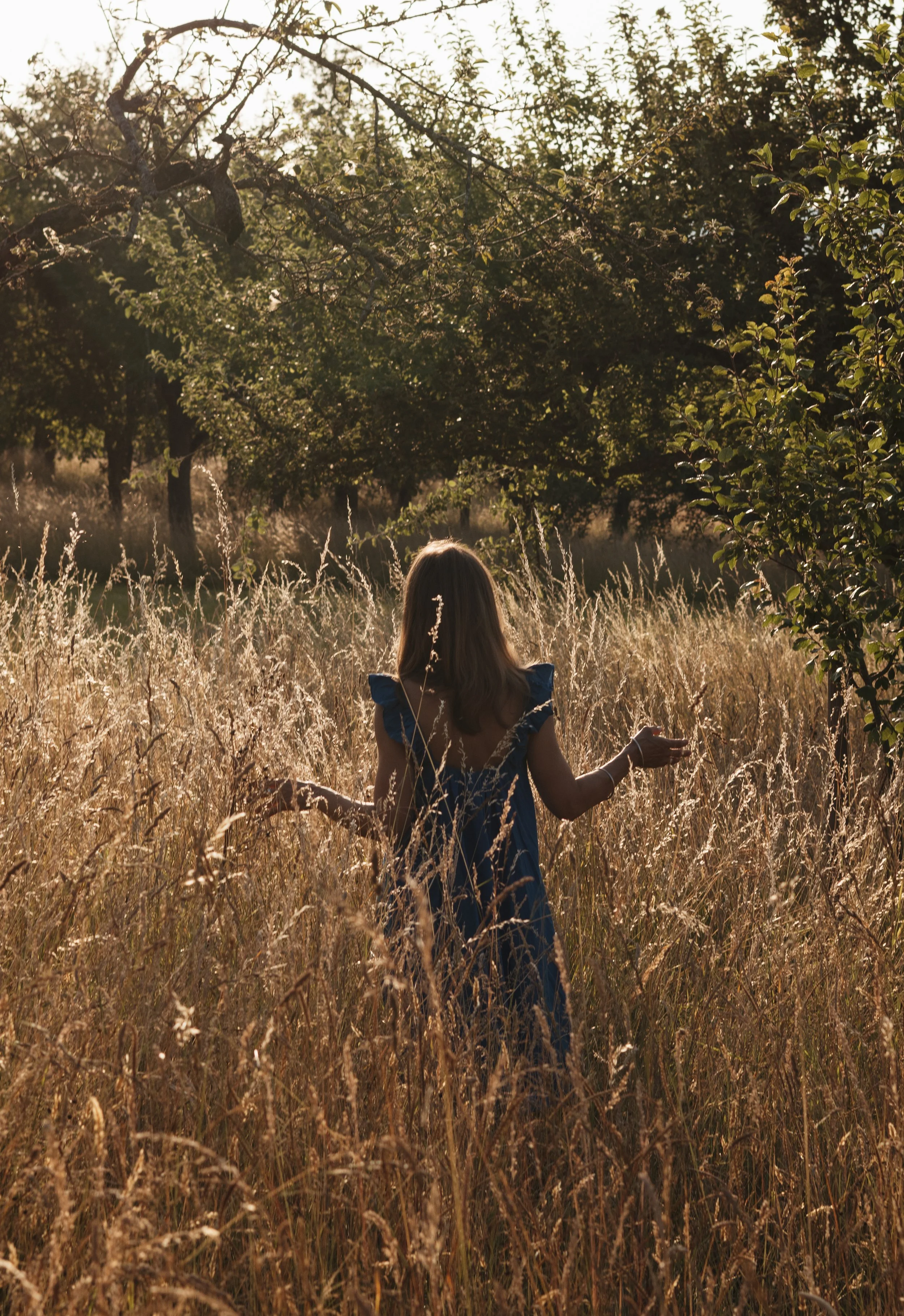 Eine Frau in einem blauen Kleid läuft durch einen goldgelben Getreidegarten bei Sonnenuntergang.
