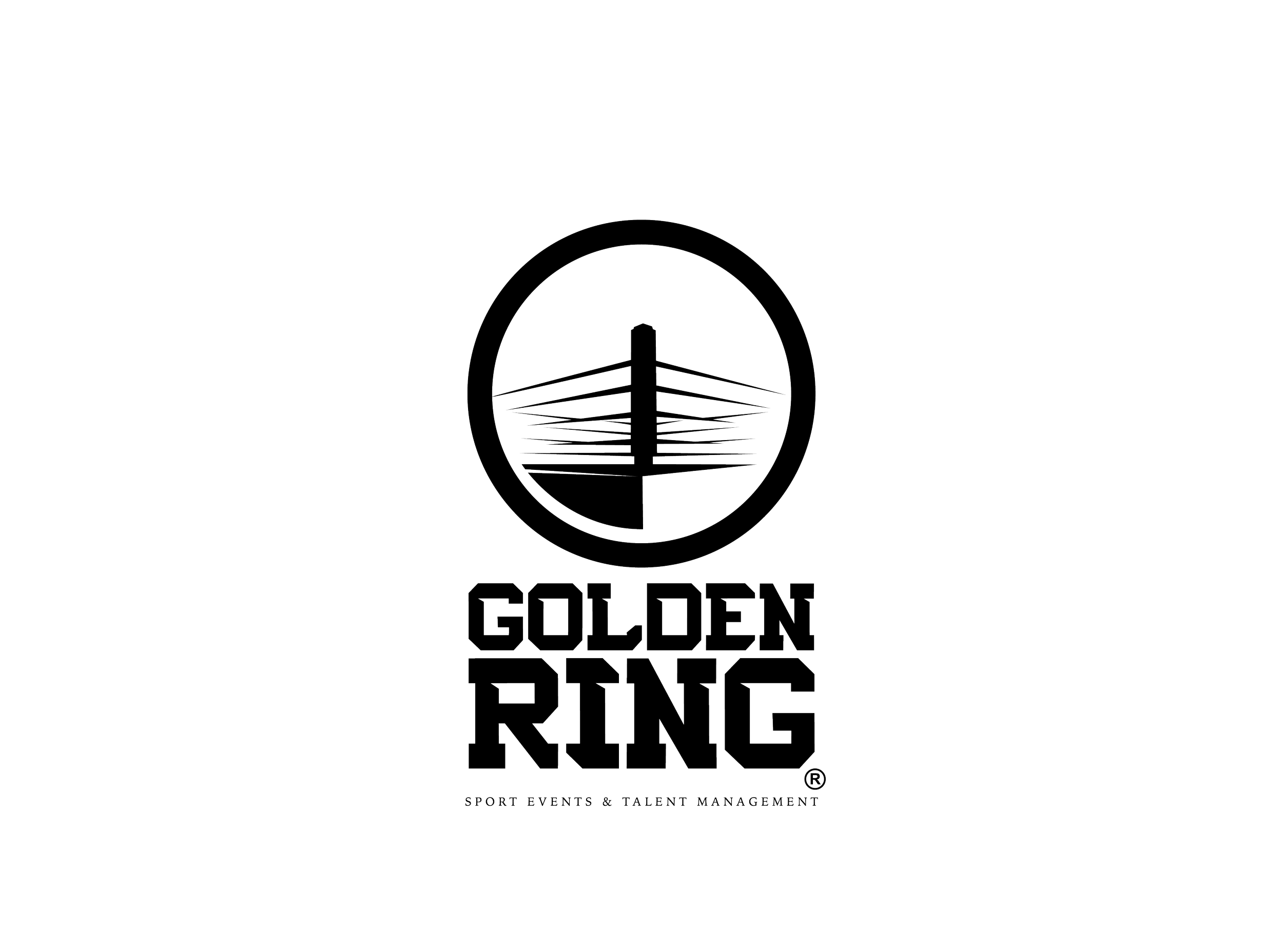 Logo with a stylized golden ring and a structure resembling a wrestling ring or a stylized globe, with the text 'GOLDEN RING' and smaller text 'SPORT EVENTS & TALENT MANAGEMENT' underneath.