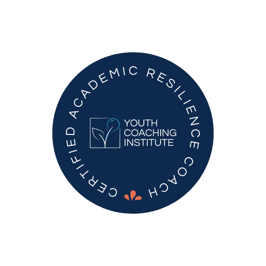 A circular logo with a dark blue background featuring the text 'Certified Academic Resilience Coach' around the top edge, and in the center, the logo of the Youth Coaching Institute with a stylized leaf illustration.