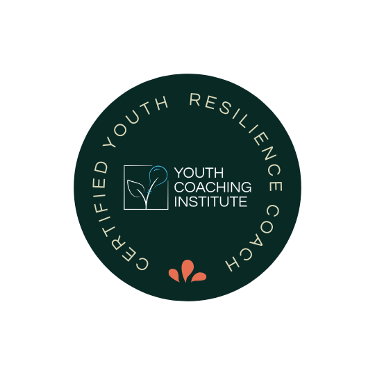 Circular logo with the text 'Certified Youth Resilience Coach' around the edge, a square with a leaf and question mark icon in the center, and 'Youth Coaching Institute' text beneath the icon.