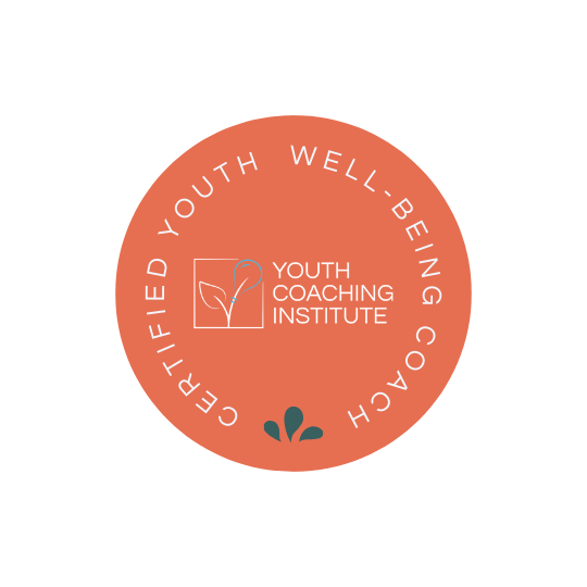 Circular logo for Certified Youth Well-Being Coach from Youth Coaching Institute, with a leaf and hook design.