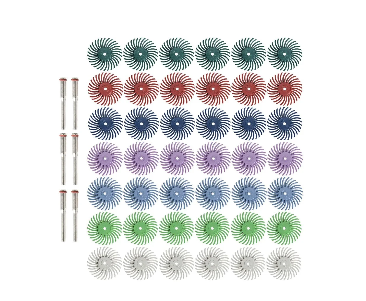 A 42-piece radial bristle disc kit with a 3mm shank and grit range from 80 to 2500 for detailed jewelry and wood polishing at the M7 Trading Post.
