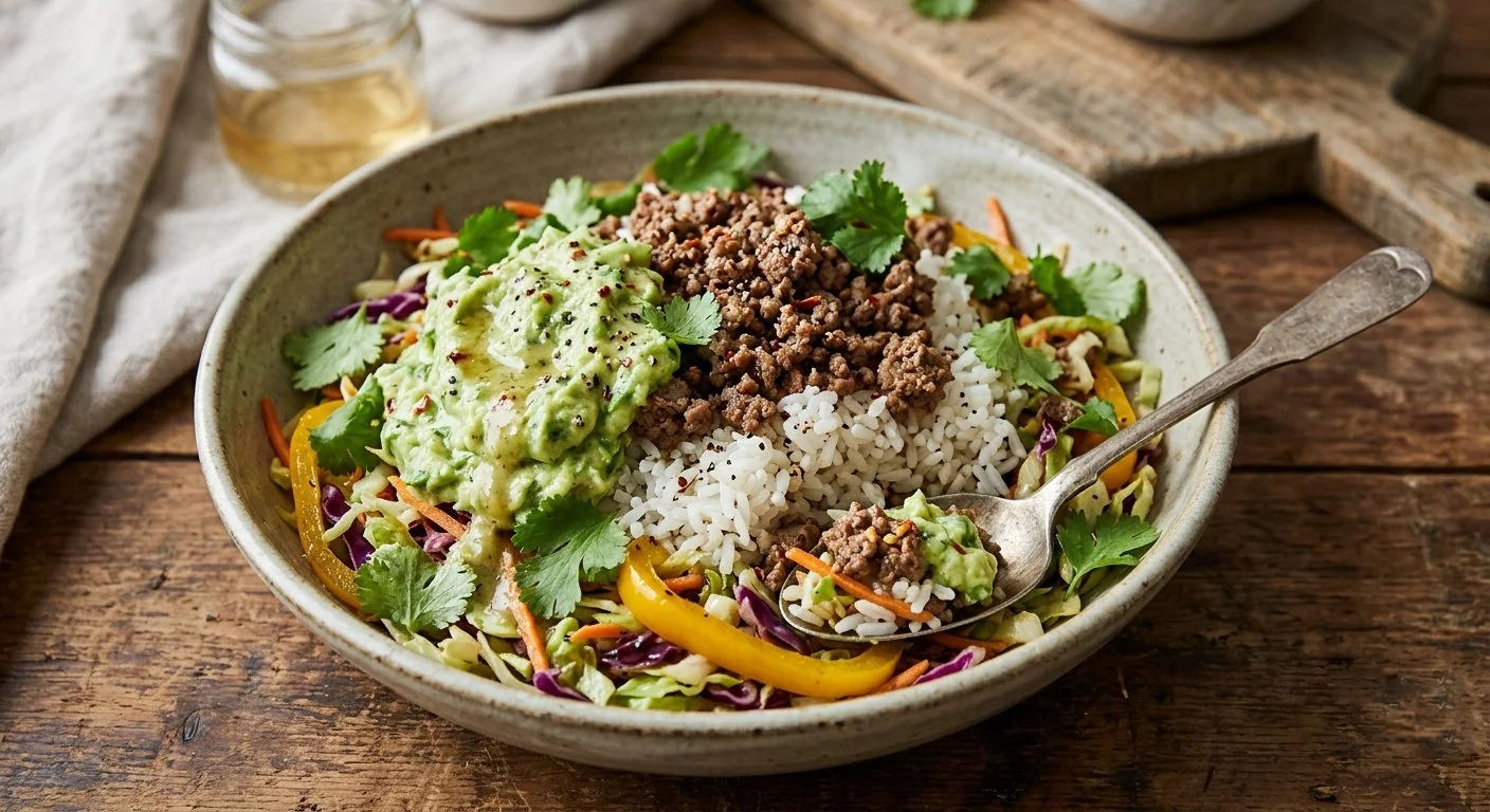 A rustic ceramic bowl filled with a healthy elk and zesty slaw power bowl, featuring browned ground elk, white jasmine rice, shredded cabbage, yellow bell peppers, and a dollop of cilantro-avocado mash on a wooden homestead table.