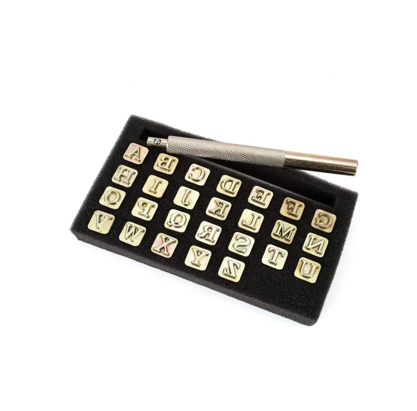 A 27-piece leathercraft stamping set featuring 26 steel alphabet letter stamps and one heavy-duty stamping handle for personalized leather work.