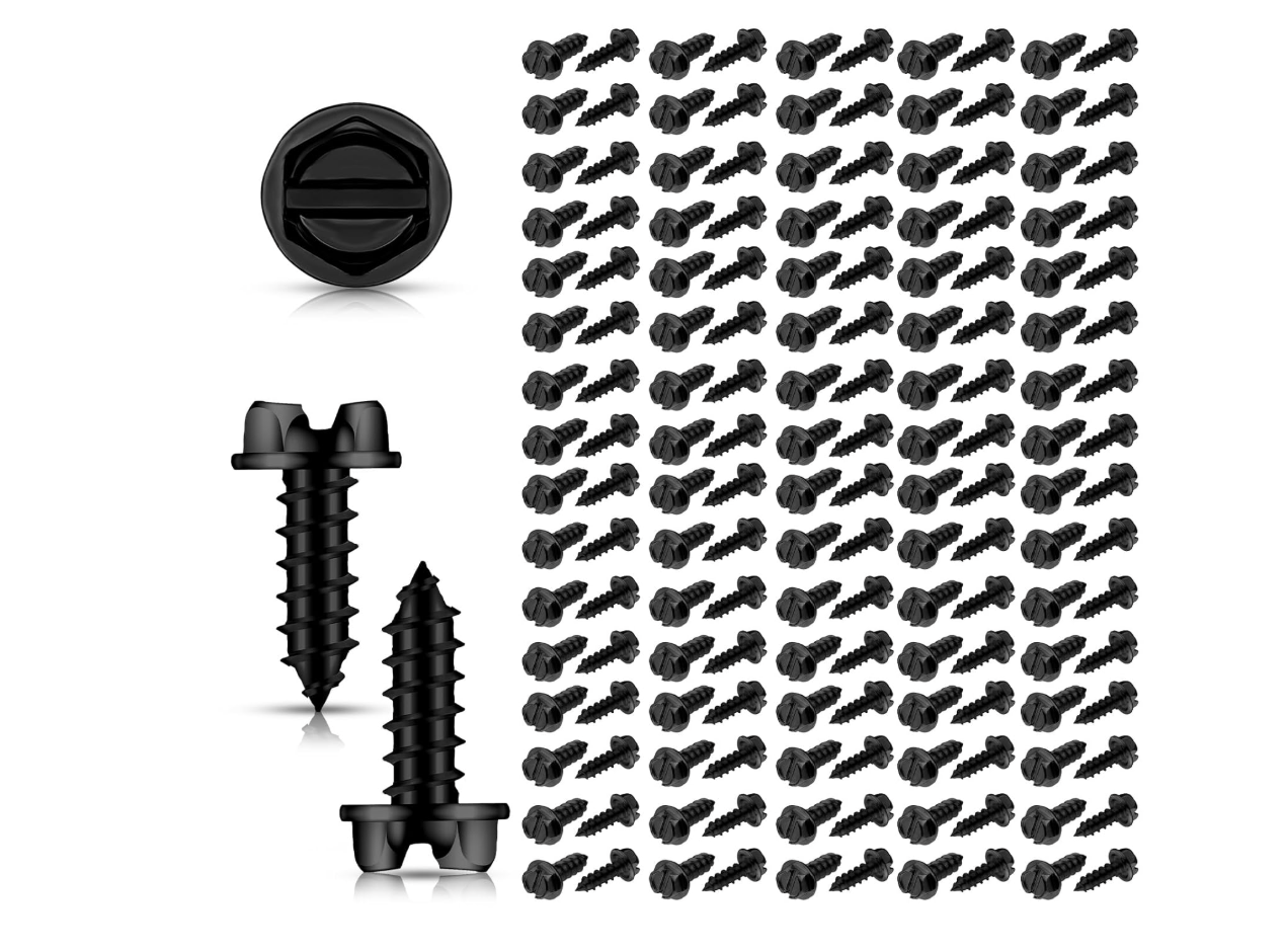 A 100-count box of #14 x 3/4" slotted hex head carbon steel license plate screws for universal vehicle use at the M7 Auto Ranch.
